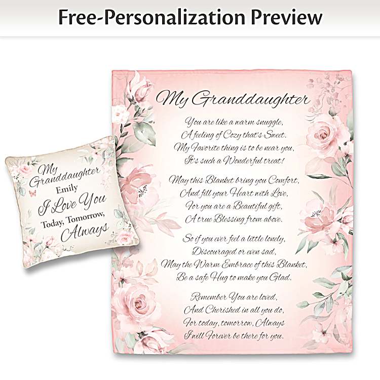 Warm Wishes For My Granddaughter Gift Set Featuring A 127 cm W x 152.4 cm Hypoallergenic Pastel Blanket And Matching Floral Pillow Personalized With Her Name