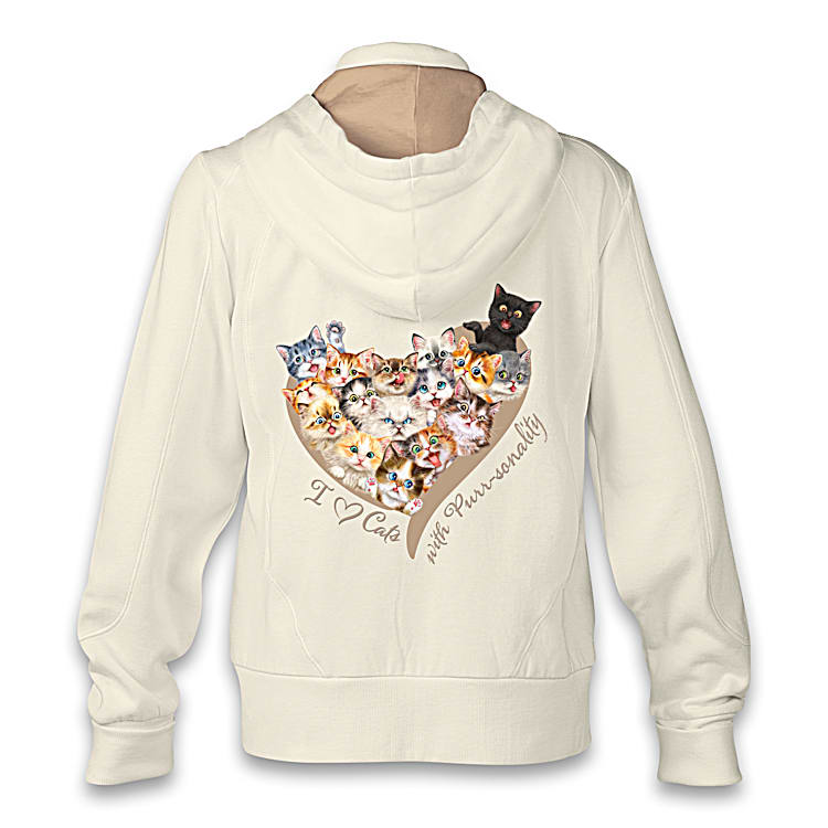 Ivory Cat-Themed Hoodie Featuring A Paw Print Zipper Pull