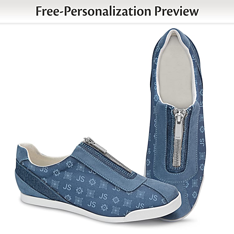 Personalized Blue Canvas Zipper Shoes Featuring An All Over Pattern Incorporating 2 Initials