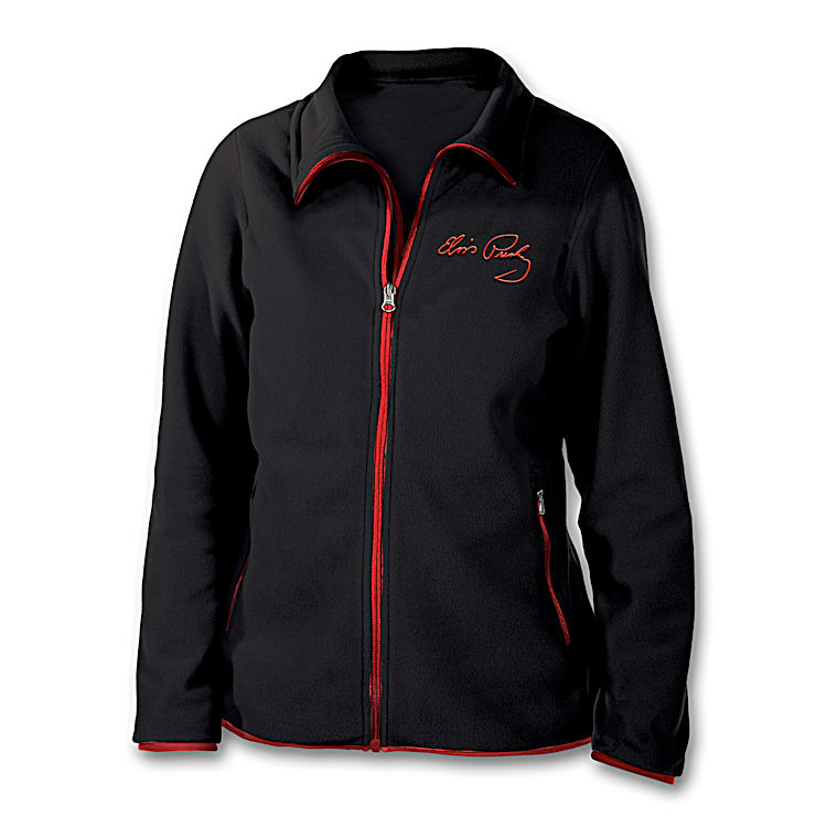 Black Fleece Jacket With Red Details Featuring Art Of Elvis