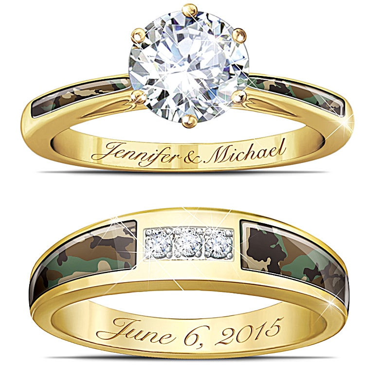 His And Hers Personalized 18K Gold Plated Camo Wedding Ring Set Adorned With Simulated Diamonds