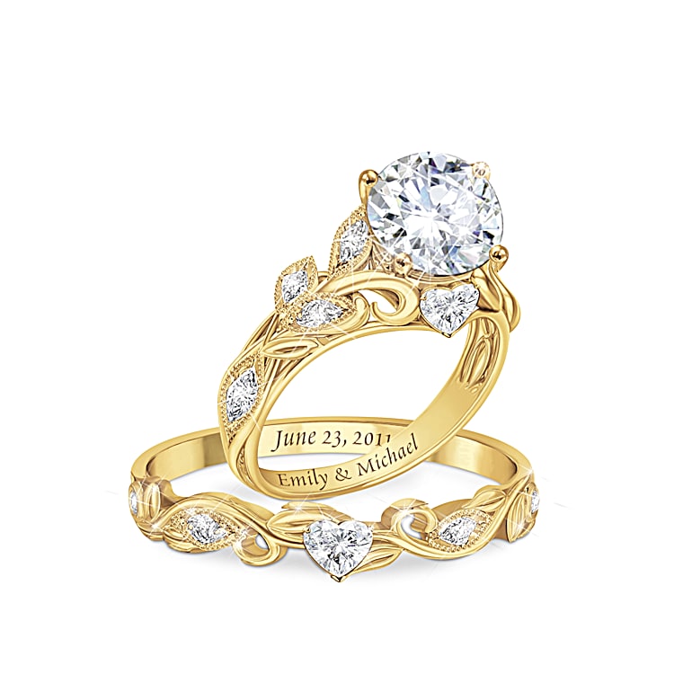 Womens Personalized 18K Gold-Plated Floral Wedding Ring Set