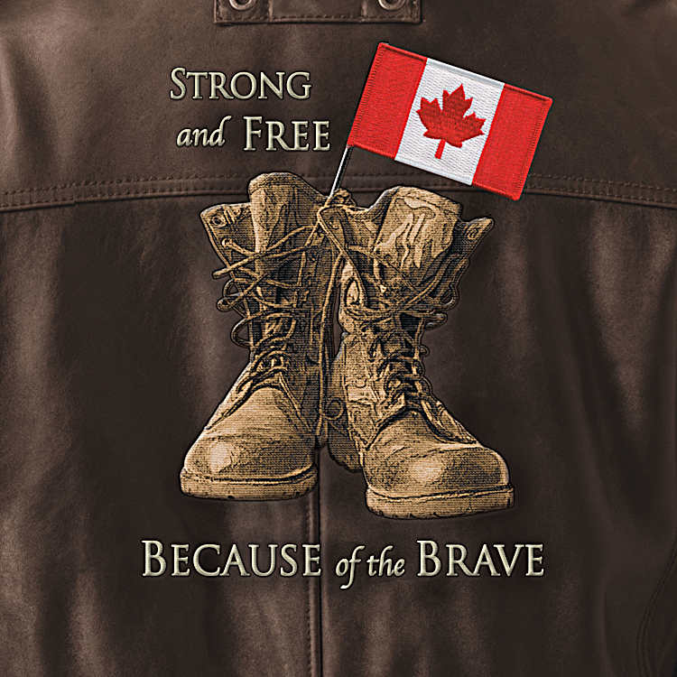 Leather Bomber Jacket With Combat Boot Art And The Phrase STRONG