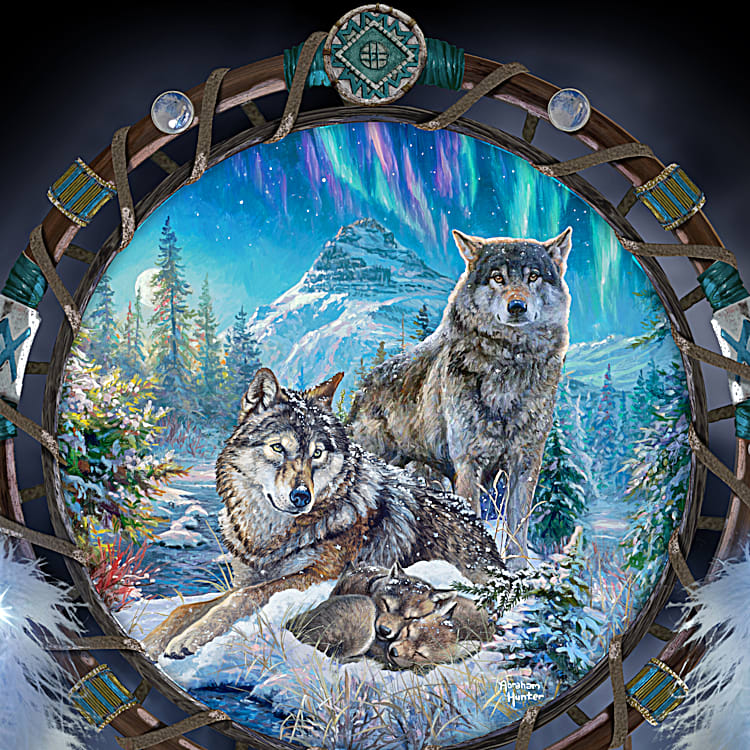 Illuminated Fibre-Optic Dreamcatcher Adorned With Majestic Wolf