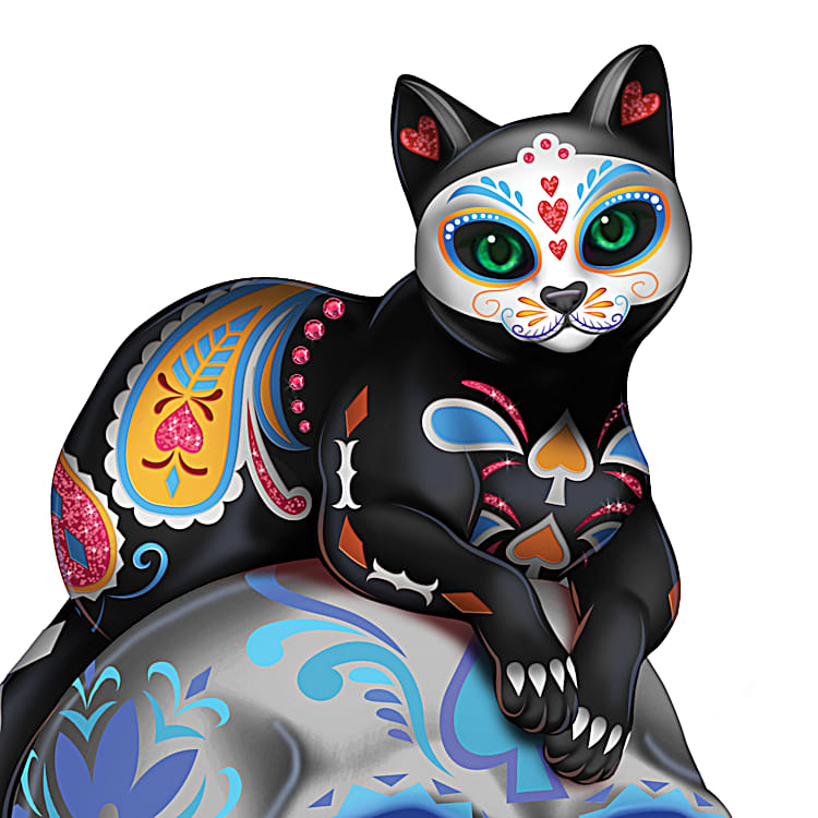 A Fur-ever Love Dia De Los Muertos Sugar Skull Cat Figurine Collection  Adorned With Hand-Set Faux Jewels And Glow-In-The-Dark Accents