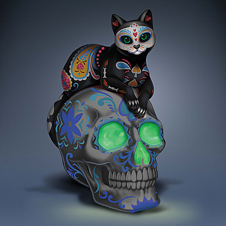 A Fur-ever Love Dia De Los Muertos Sugar Skull Cat Figurine Collection  Adorned With Hand-Set Faux Jewels And Glow-In-The-Dark Accents