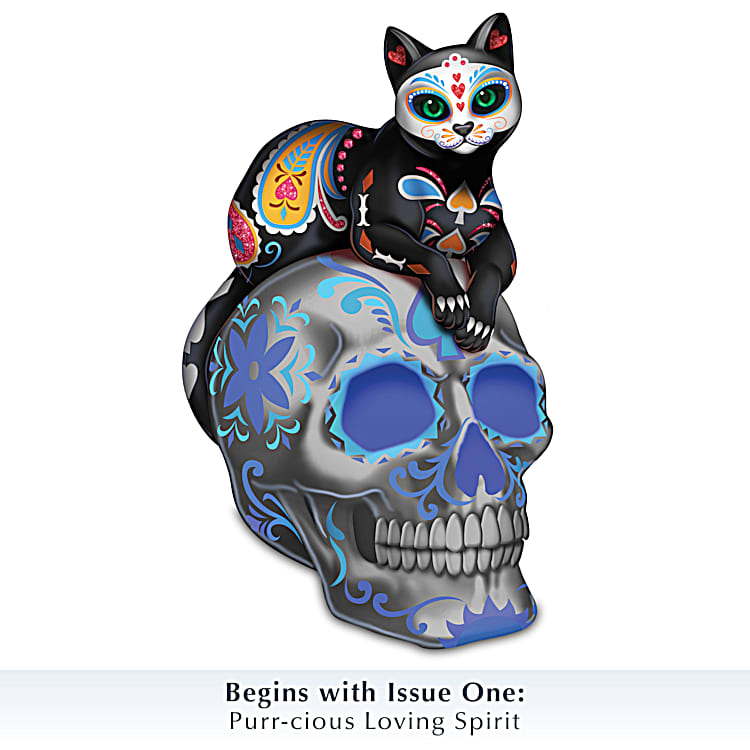 A Fur-ever Love Dia De Los Muertos Sugar Skull Cat Figurine Collection  Adorned With Hand-Set Faux Jewels And Glow-In-The-Dark Accents