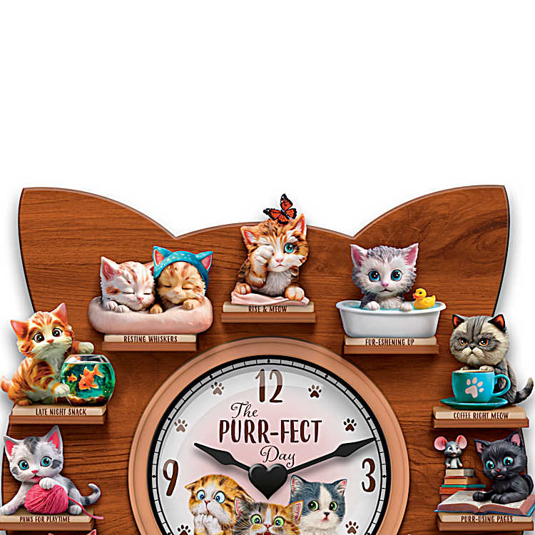 Cat Wall Clock Collection Featuring 12 Hand-Painted Cat Sculptures