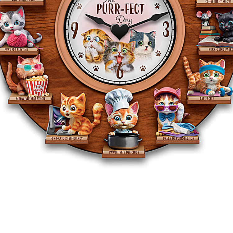 Cat Wall Clock Collection Featuring 12 Hand-Painted Cat Sculptures