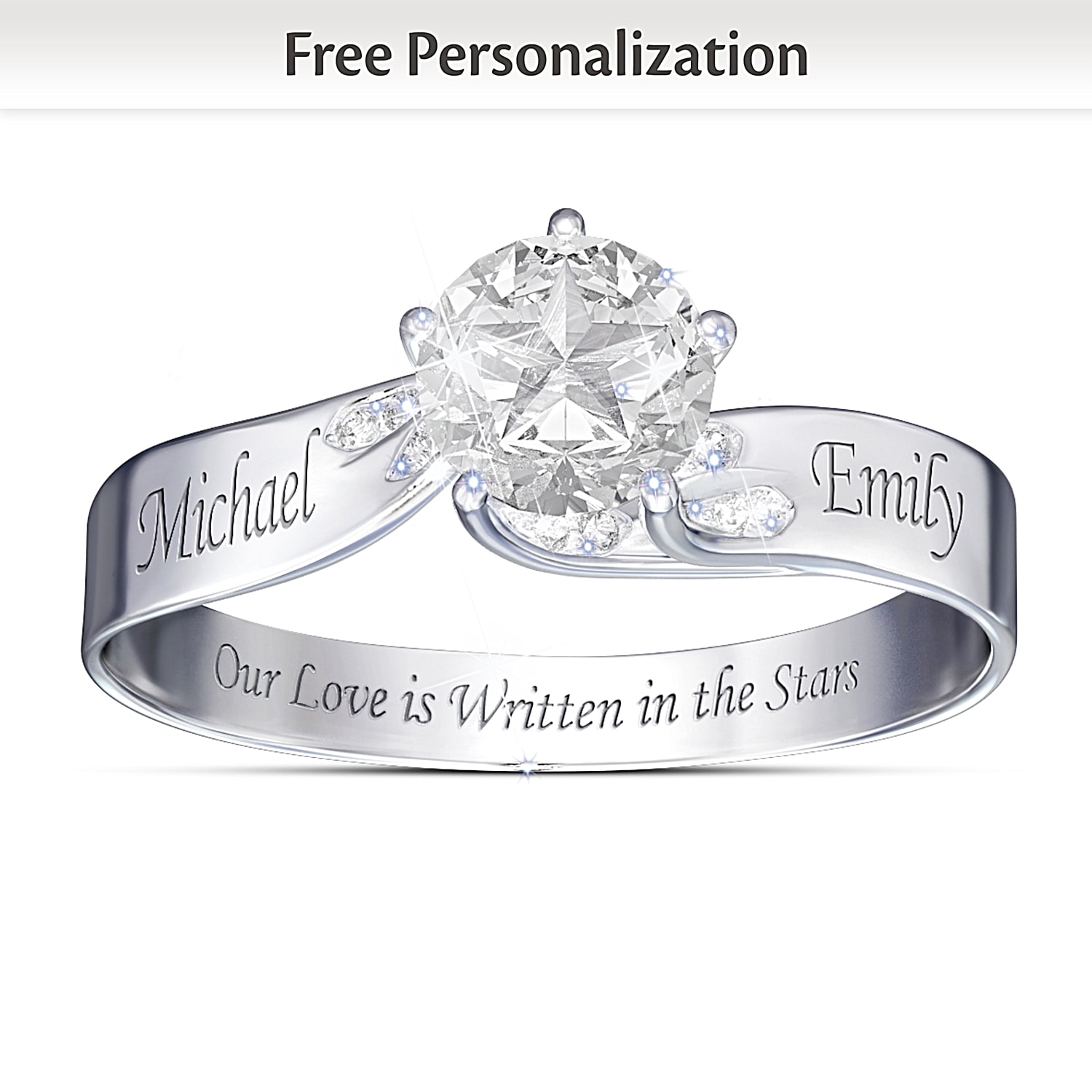 Our Love Is Written In The Stars Engraved Personalized White Topaz Womens Ring