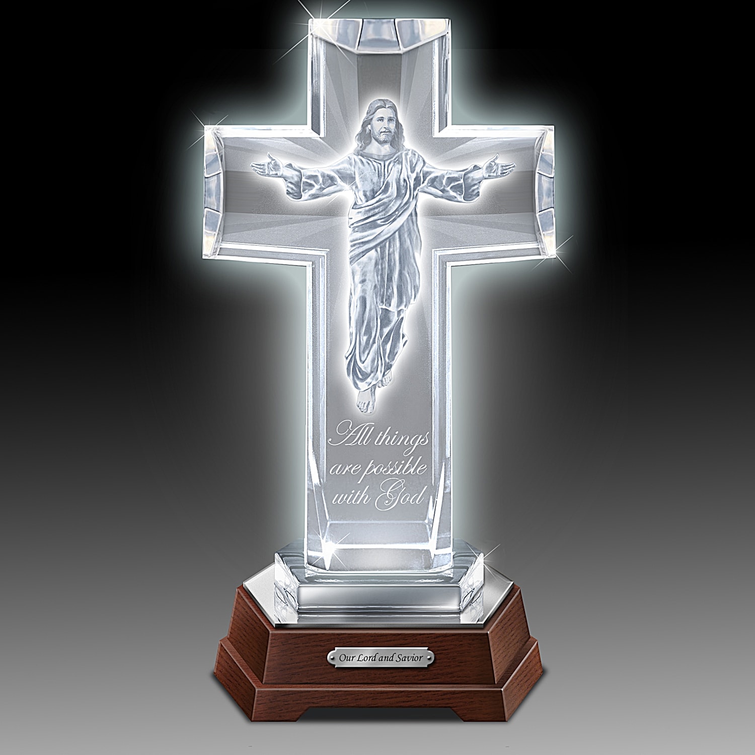 His Heavenly Grace Illuminated Glass Cross With Mirrored Base