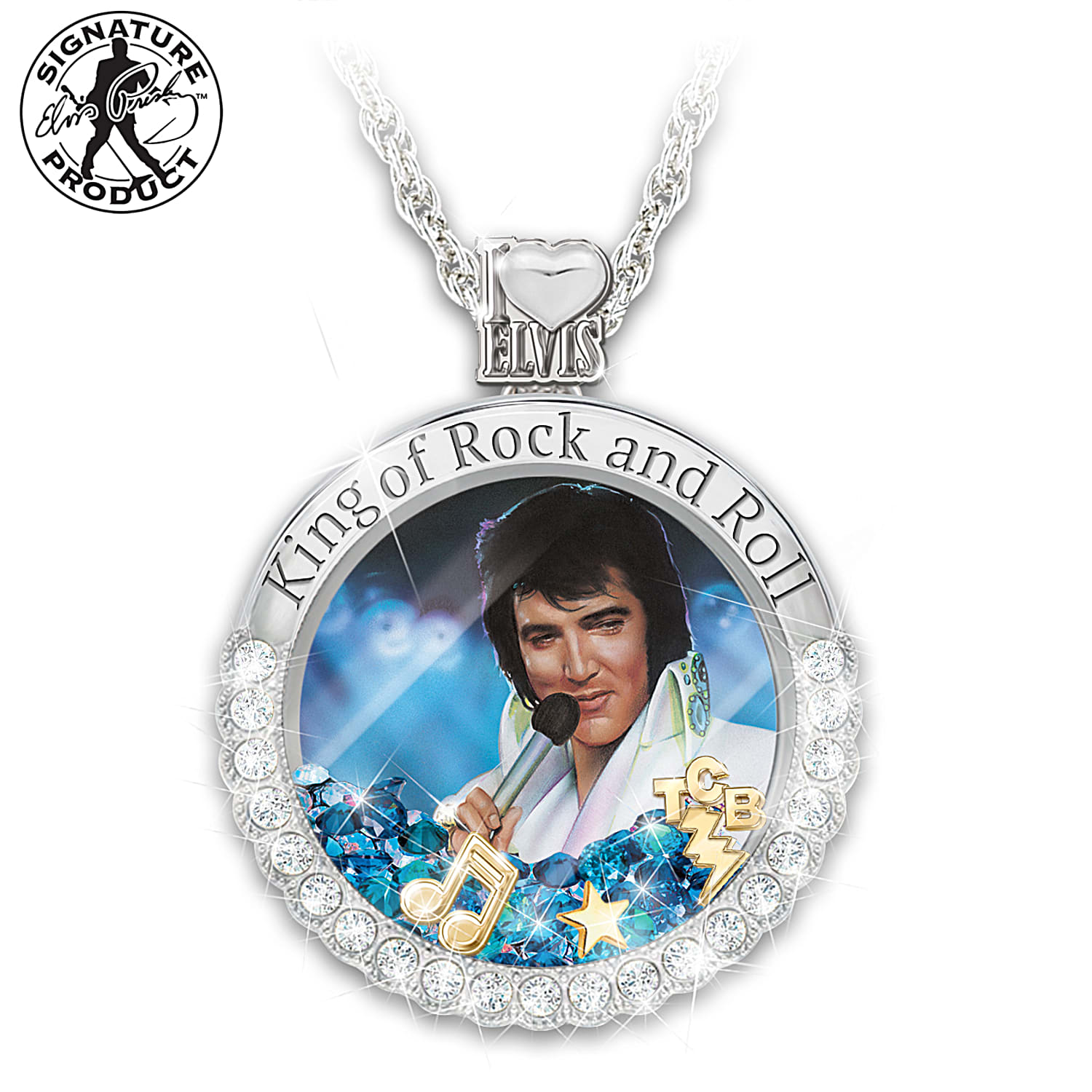 Nate Giorgio Rock And Roll Elvis Presley Womens Floating Crystal Pendant Necklace Featuring 21 Genuine Swarovski Crystals
