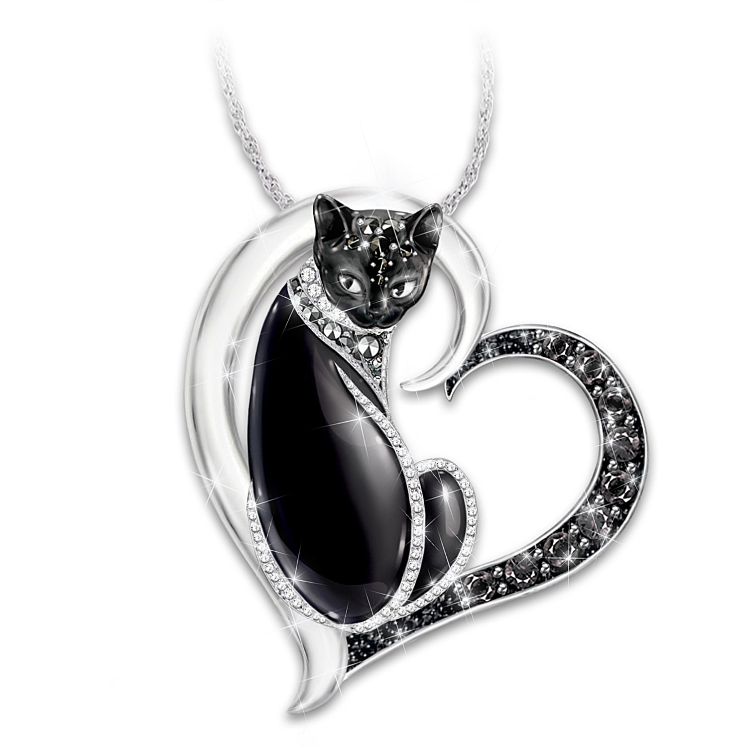 Midnight Mysticat Womens Sterling Silver-Plated Heart-Shaped