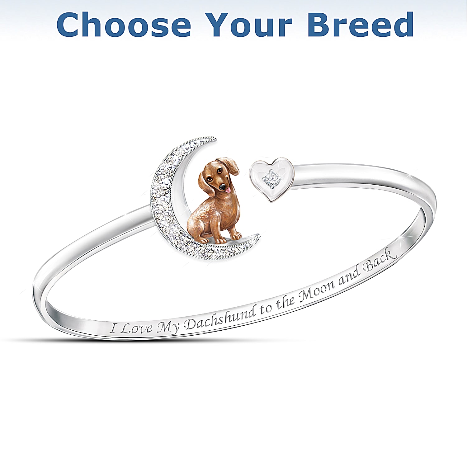 I Love My Dog To The Moon And Back Womens Sterling Silver Plated Bangle Style Bracelet Featuring A Sculpted Hand Enameled Dog With A Crescent Moon Design Adorned With Swarovski Crystals