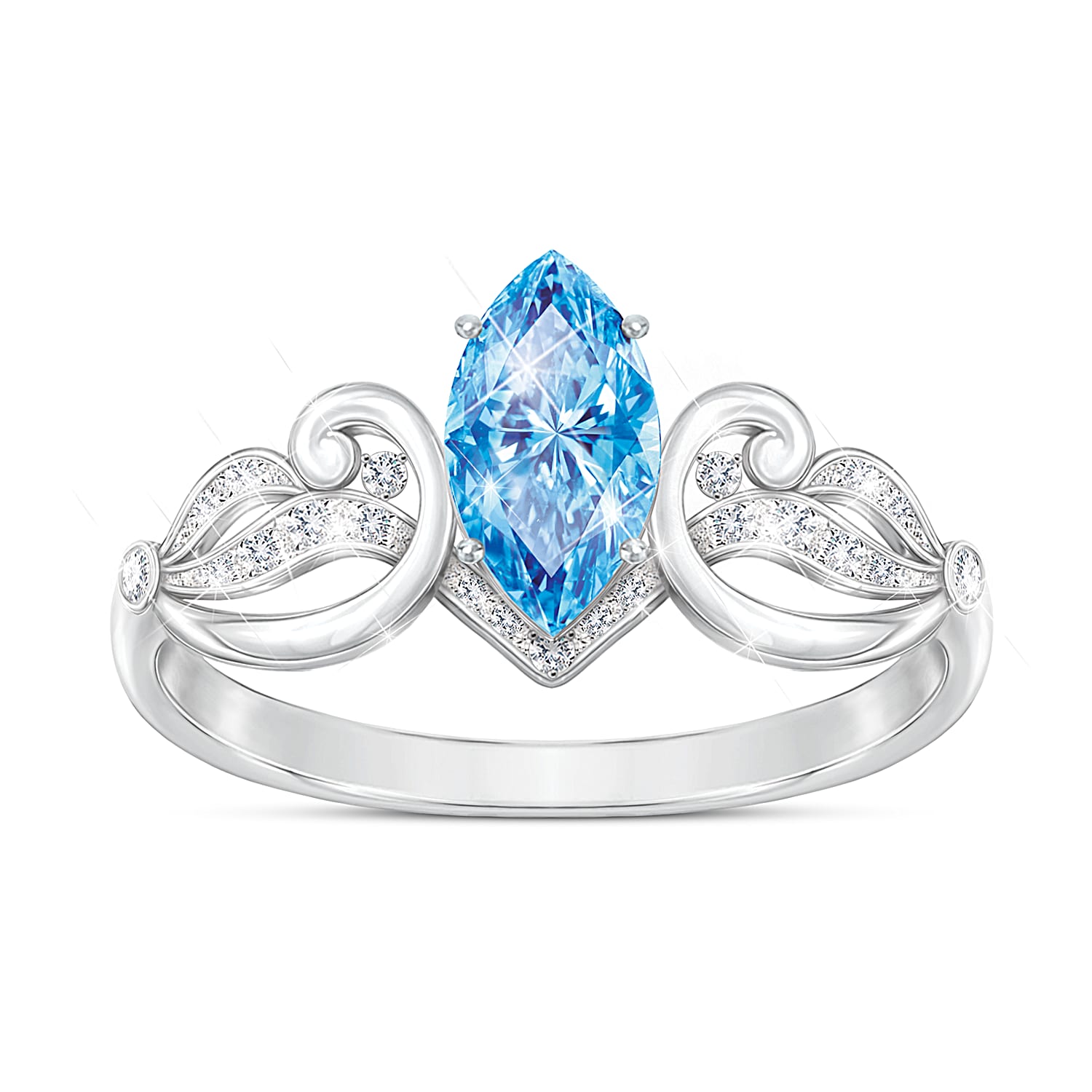 Sea Of Love Womens Sterling Silver Ring Featuring A Marquise Shaped Swiss Blue Topaz Centre Stone And Adorned With A Pave Of 20 Diamonds