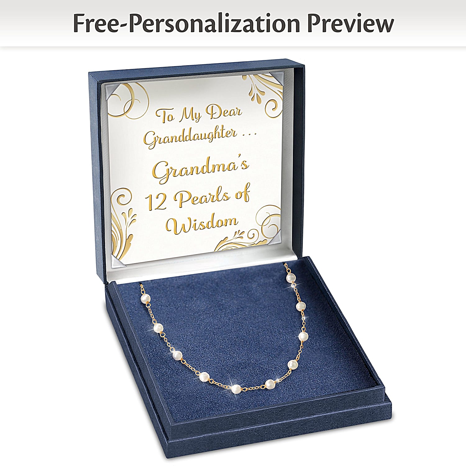 Grandmas 12 Pearls Of Wisdom Personalized Sterling Silver Necklace Featuring 18K Gold Plating With 12 Genuine Cultured Freshwater Pearls