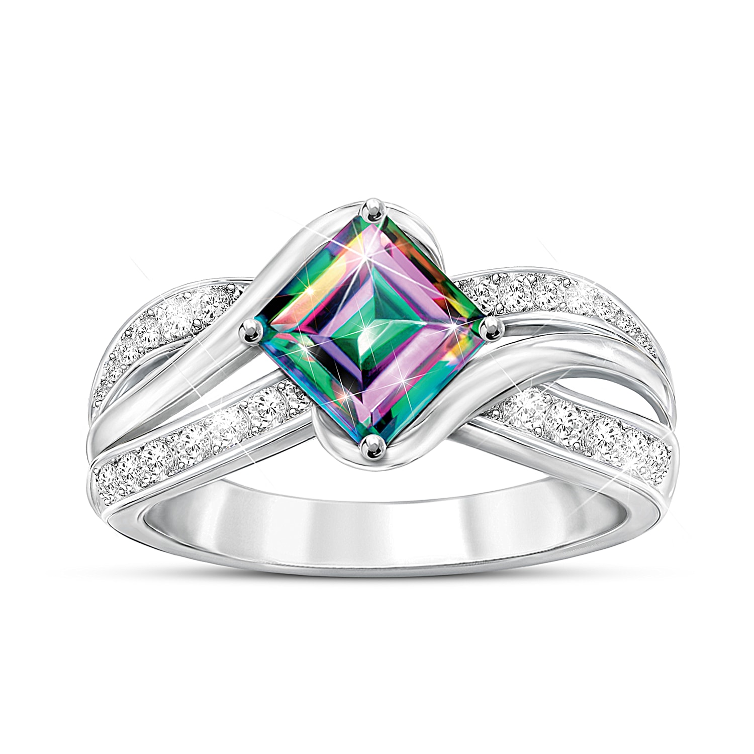 Northern Lights Sterling Silver Ring Featuring A Princess Cut Aurora Mystic Topaz Centre Stone Adorned With 2 Cascading Rows Set With 24 White Topaz