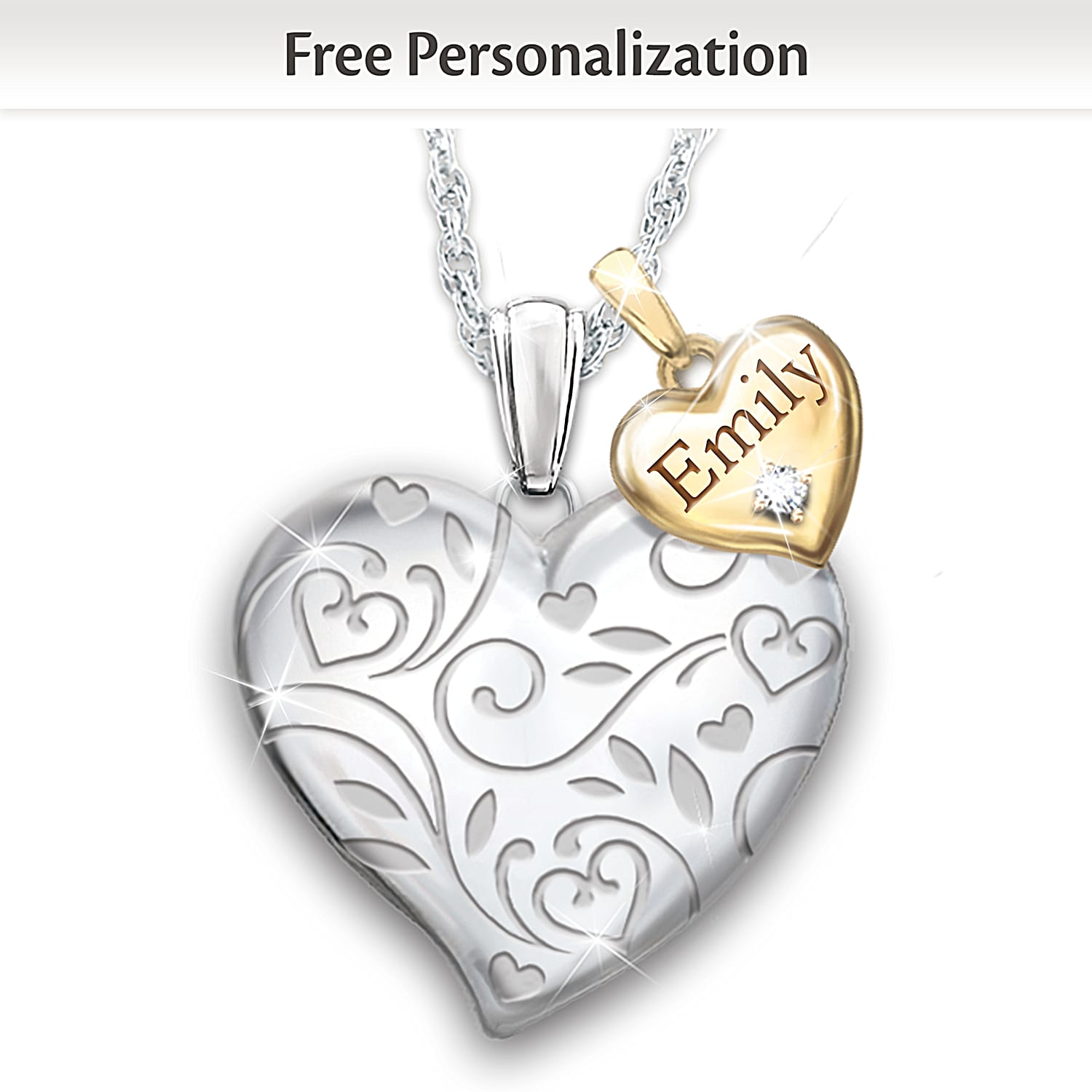 A Bushel A Peck Womens Personalized Heart Shaped Diamond Pendant Necklace Featuring A Floral Filigree Design Adorned With 18K Gold Plated Accents
