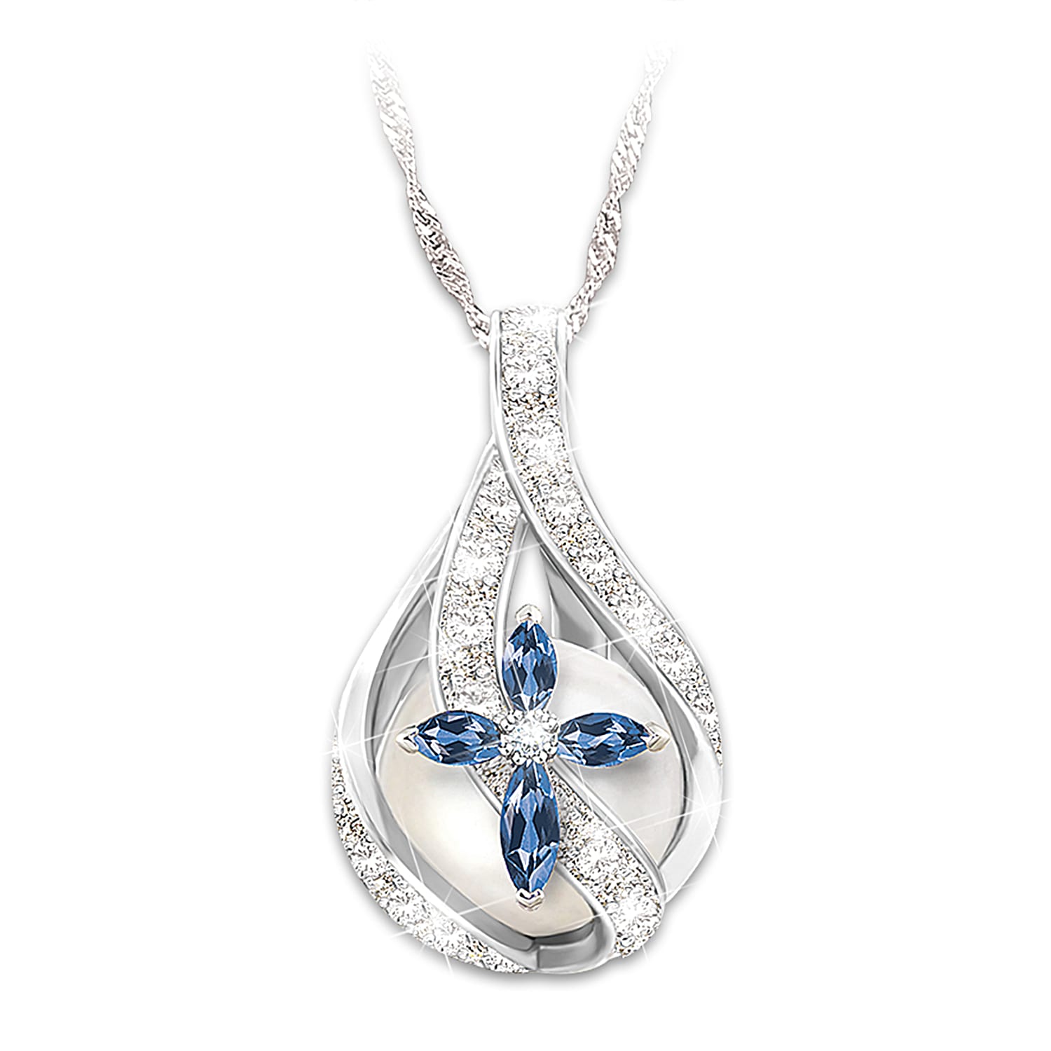 Gods Loving Embrace Womens Sterling Silver Pendant Necklace Featuring A Blue Created Sapphire Religious Cross A Cultured Freshwater Pearl Adorned With One Dozen Diamonds