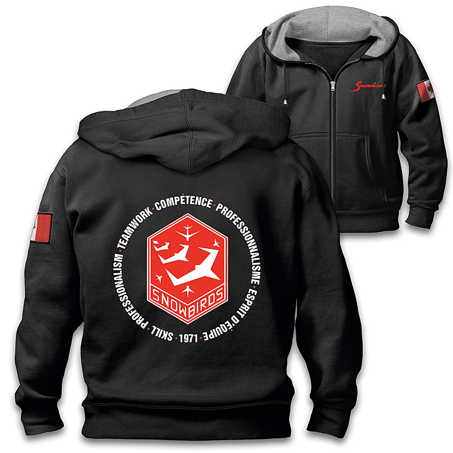 Snowbirds Black Full Zip Hoodie Featuring The Official Crest Of The Snowbirds Demonstration Squadron With A Canadian Flag Patch On The Left Sleeve