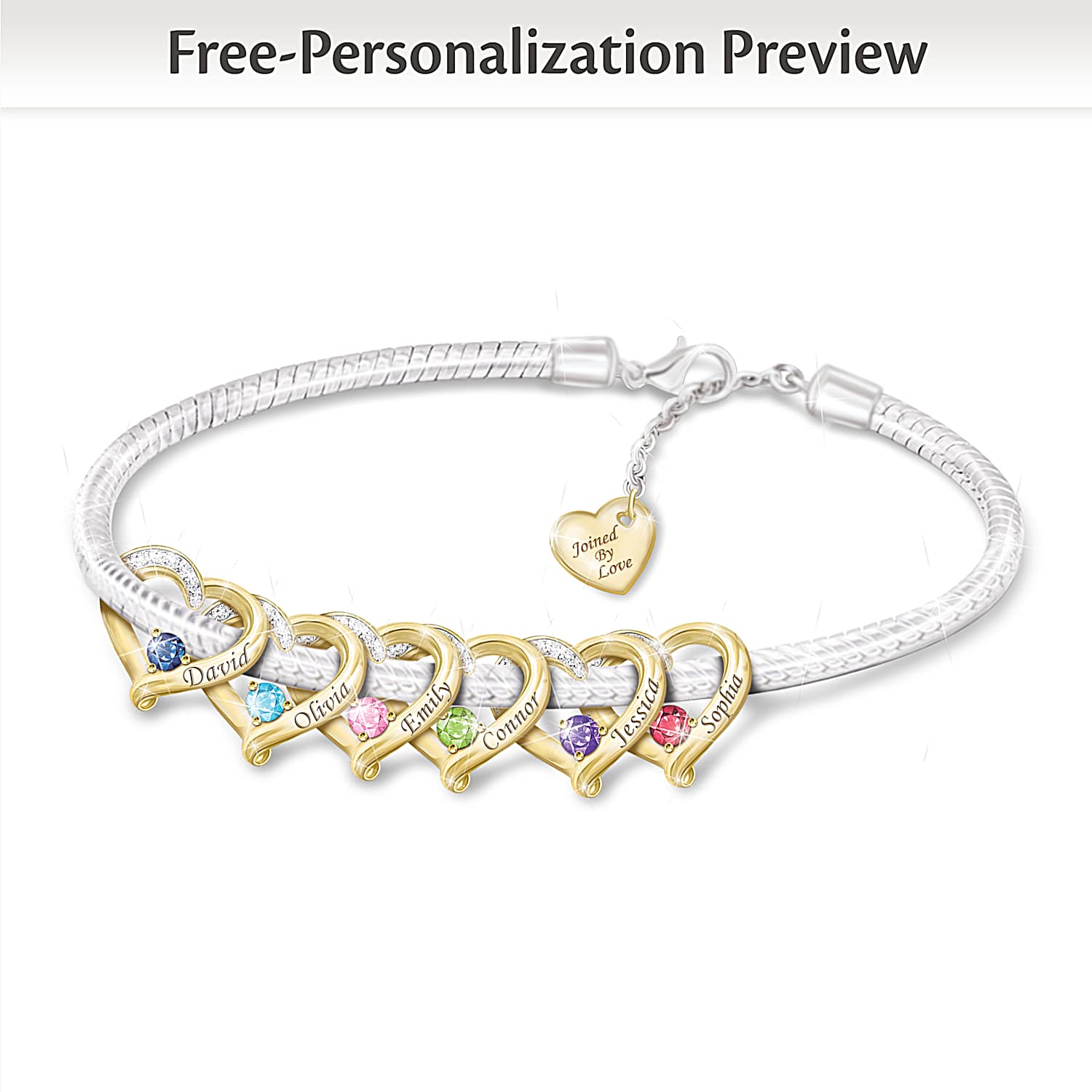 My Family Joined By Love Bracelet Adorned With Heart Shaped Charms Personalized With 6 Engraved Names Birthstones With The Option To Add More Charms