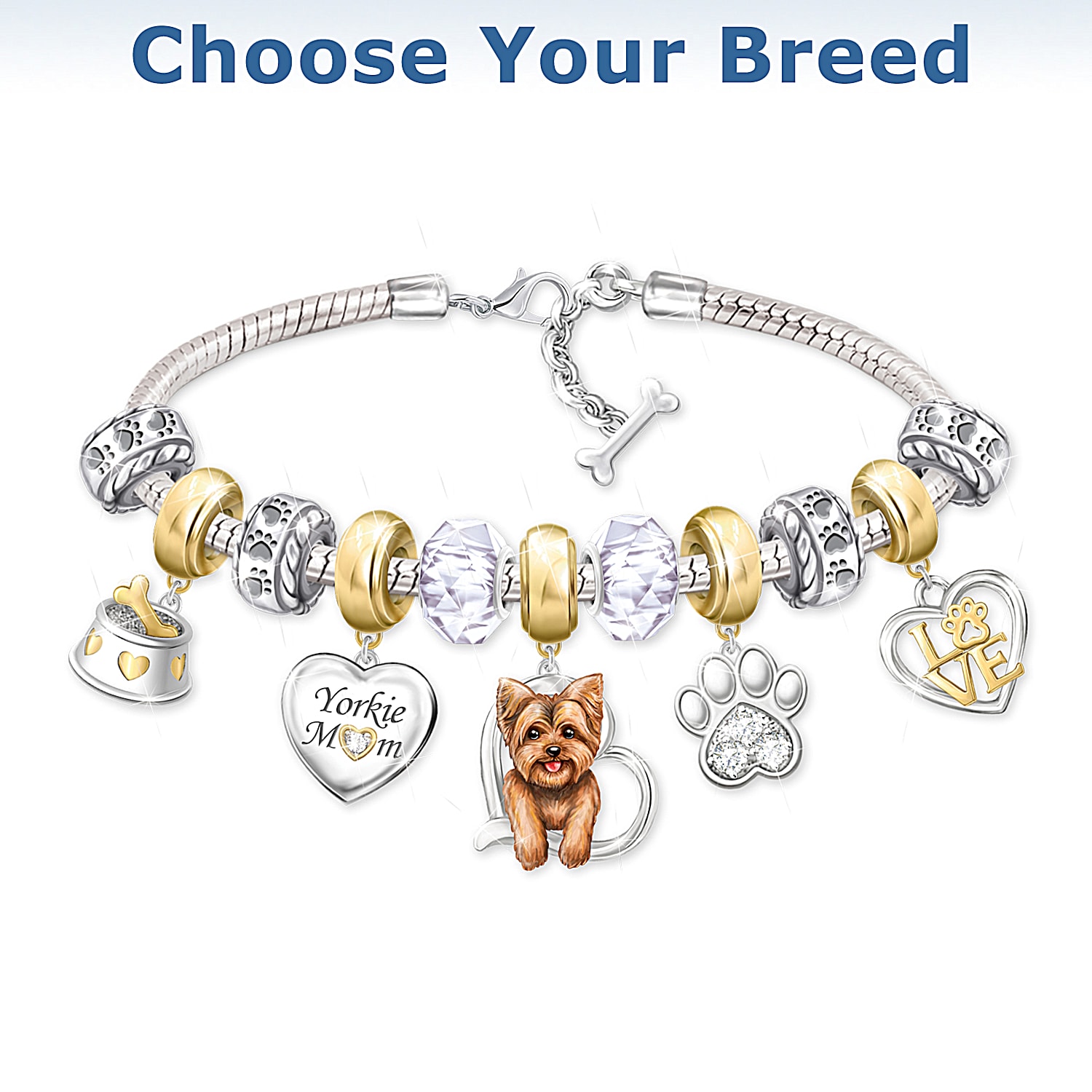 Dog Mom Womens 18K Gold Sterling Silver Plated Charm Bracelet Adorned With 11 Individual Dog Themed Beads and Charms