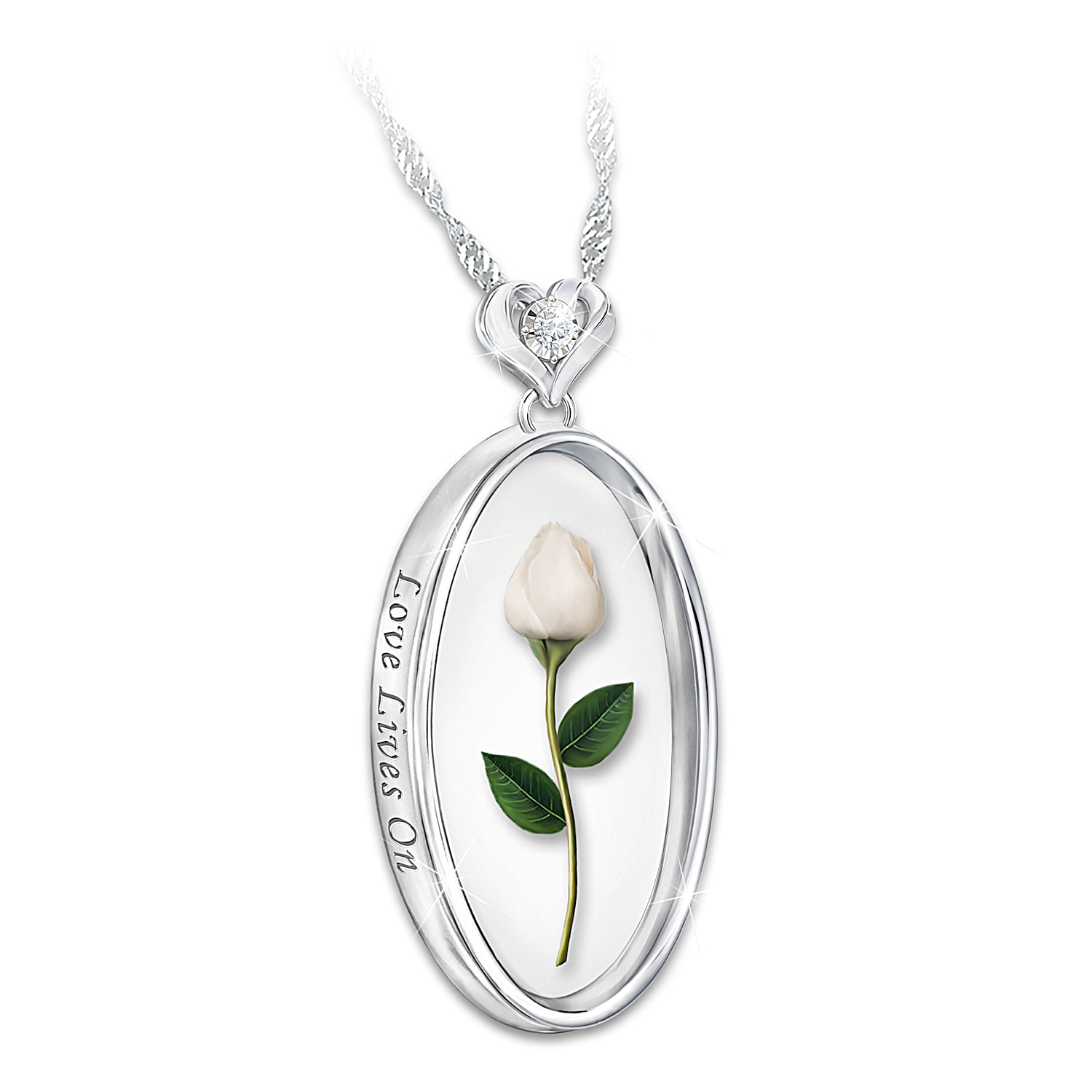 Love Lives On Sterling Silver Plated Memorial Pendant Necklace Featuring A Preserved Rosebud Suspended From A Heart Shaped Bail Set With A Diamond