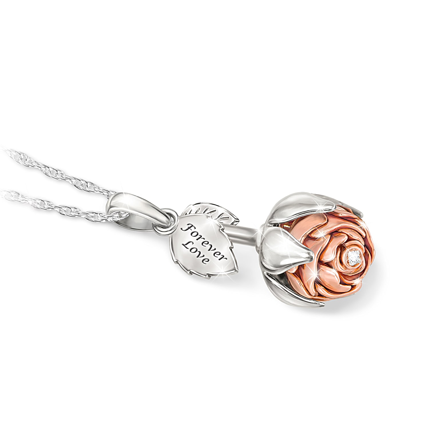 Rose pendant with opening petals. Blooming Rose of Love Diamond Pendant Necklace is an anniversary or Valentines Day gift
