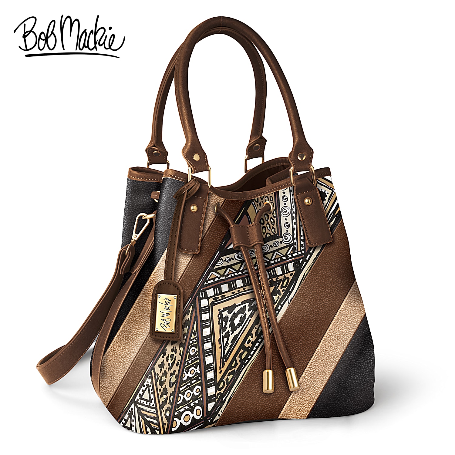 Bob Mackie Palm Desert Brown Bronze And Black Faux Leather Bucket Style Fashion Handbag With Gold Tone Hardware Featuring A Patchwork Pattern Print