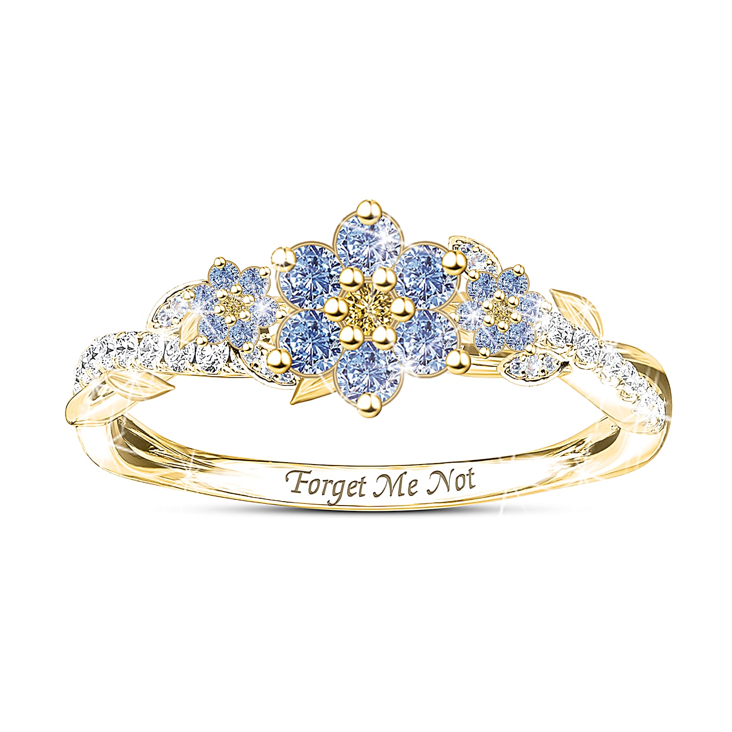 Simulated Blue Gemstone And Simulated Diamond Remembrance Ring Inspired By The Forget Me Not Flower