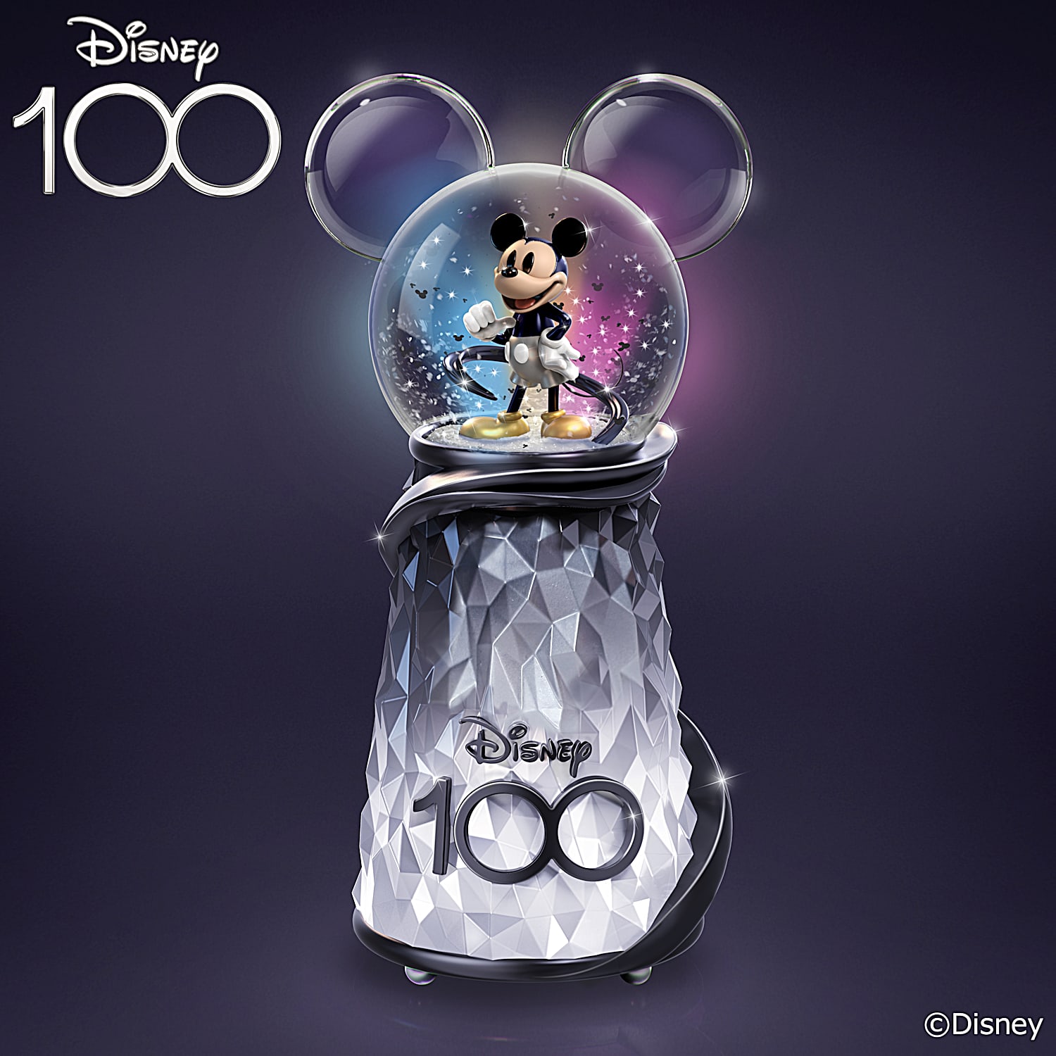 Disney 100 Years Of Wonder Platinum Edition Mickey Mouse Glitter Globe With  A Pearlized Black And White Base