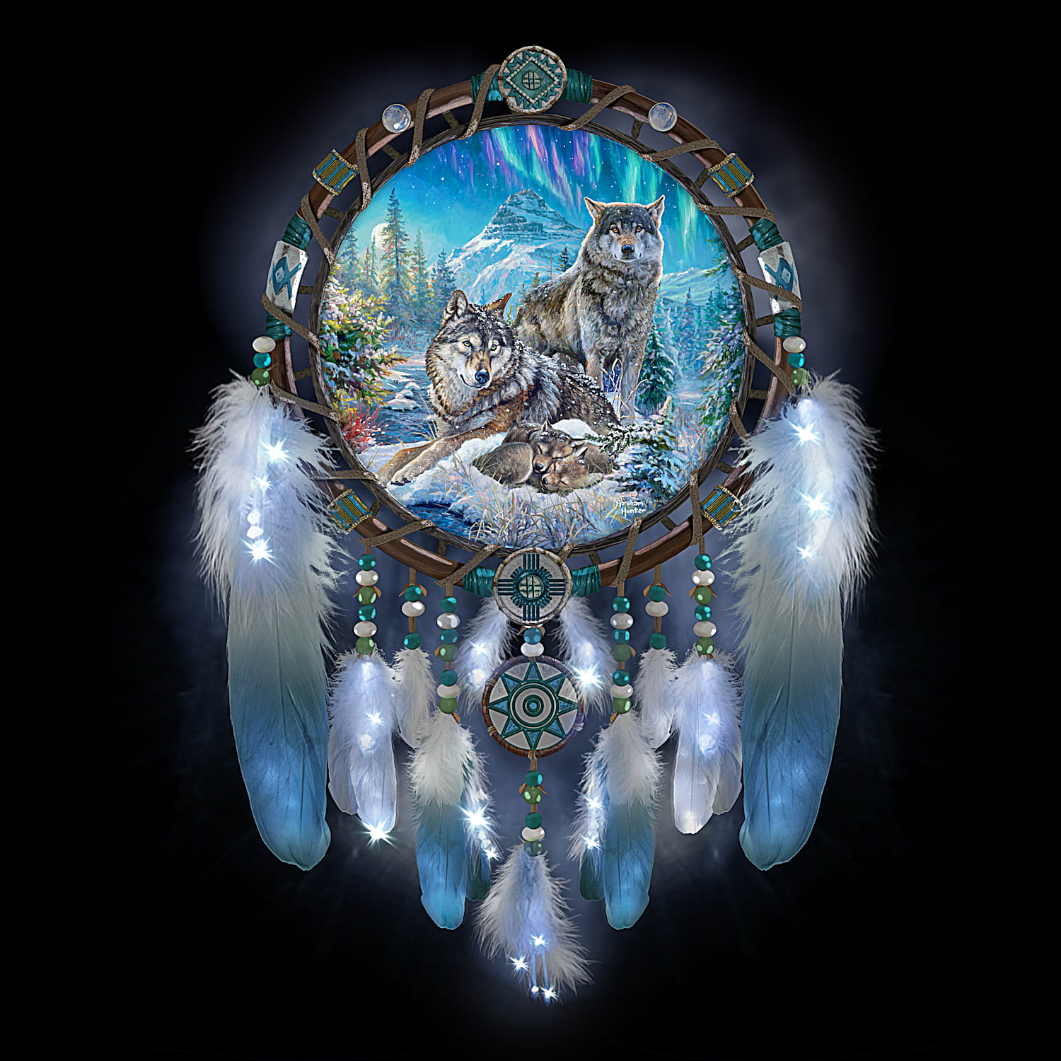 Illuminated Fibre-Optic Dreamcatcher Adorned With Majestic Wolf