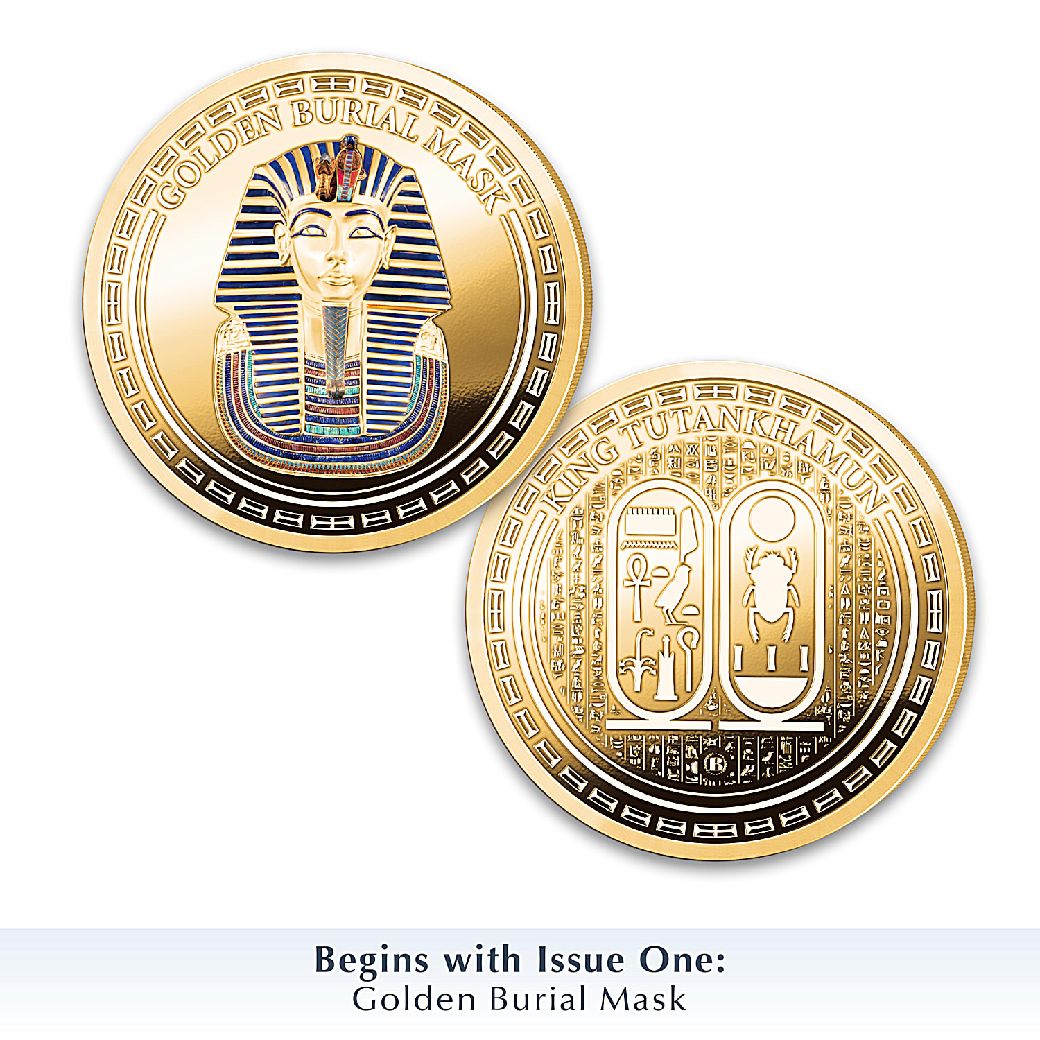 King Tutankhamun 100th Anniversary 24K Gold Plated Proof Coin Collection Adorned With Egyptian Hieroglyphs And Full Colour Images Of Ancient Artifacts