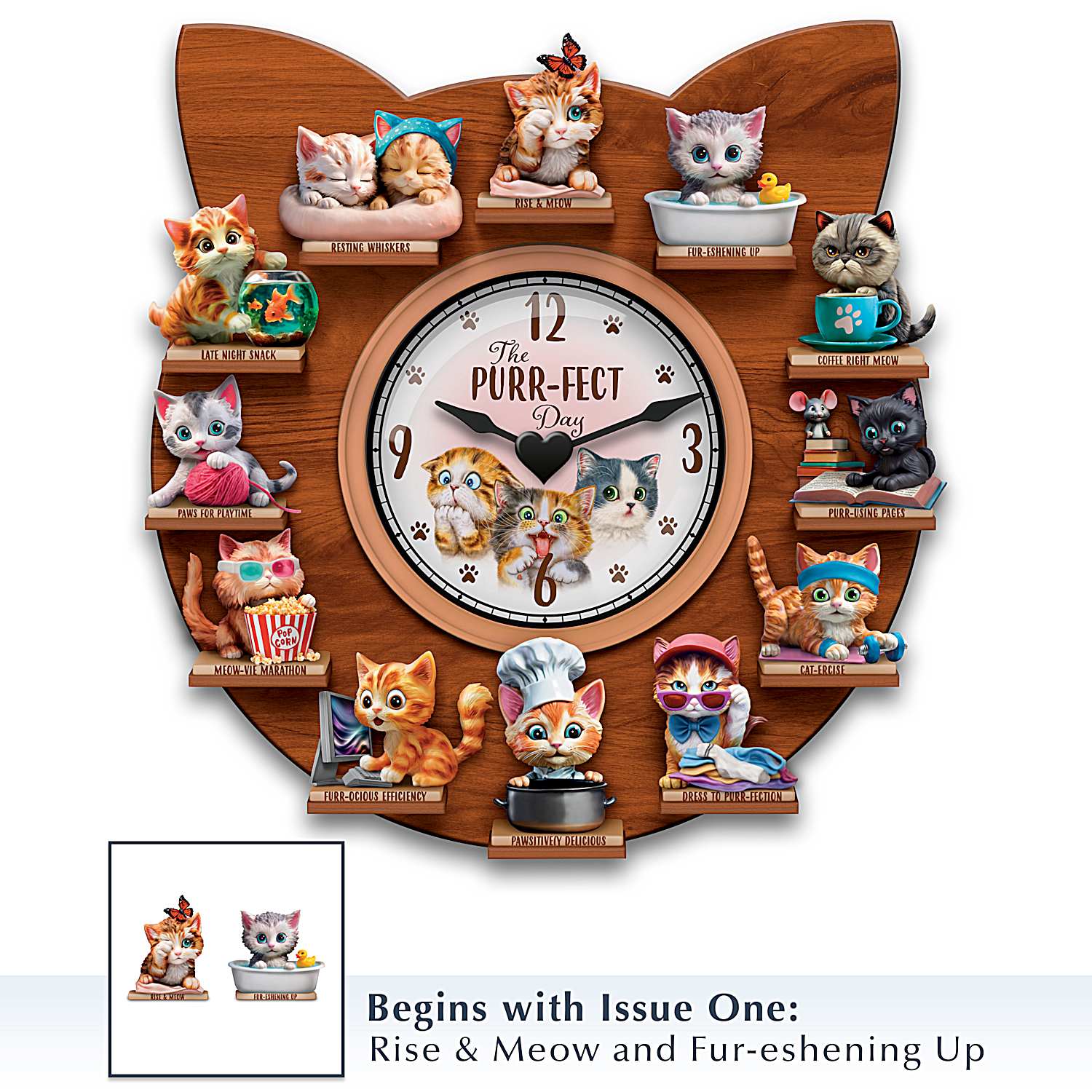 Cat Wall Clock Collection Featuring 12 Hand-Painted Cat Sculptures