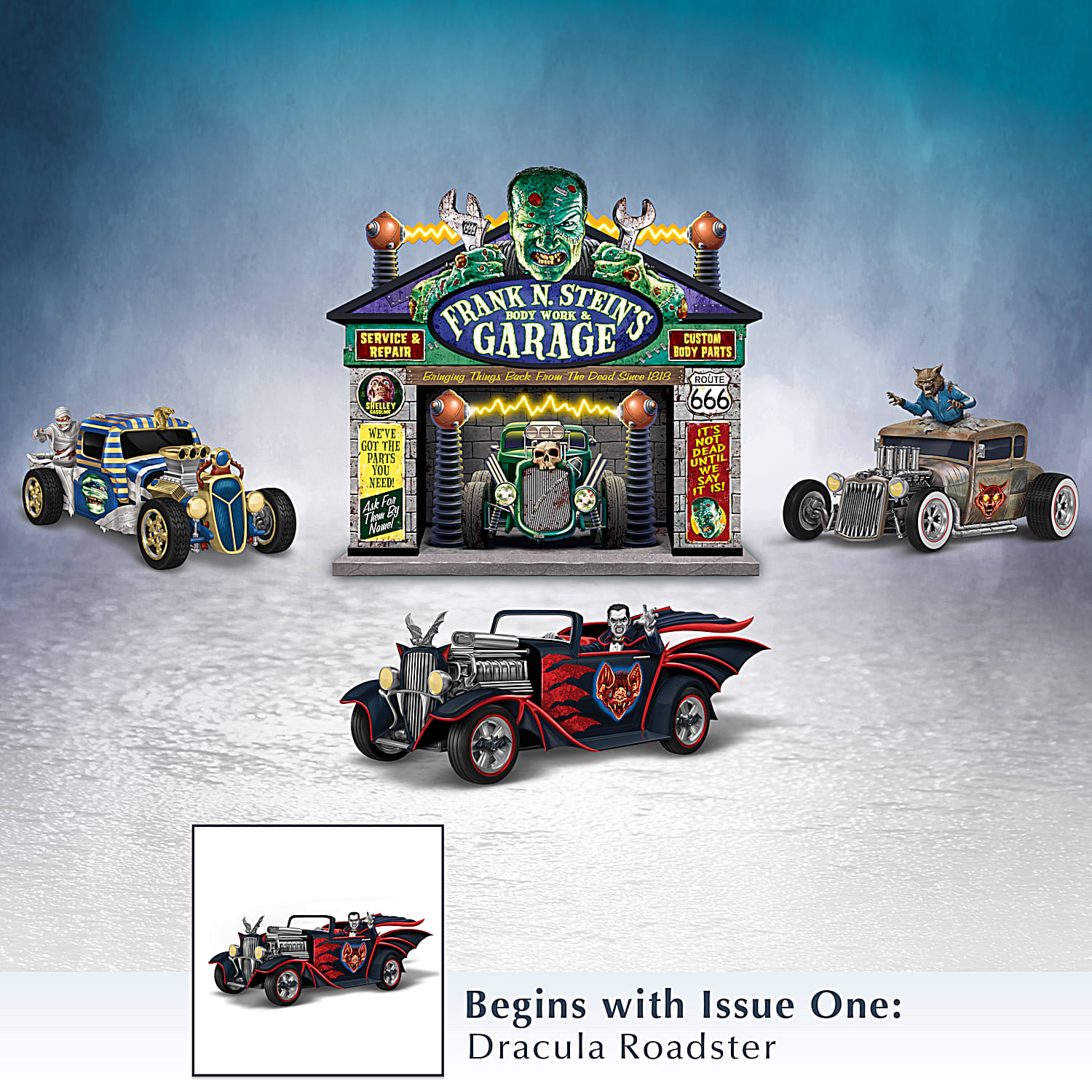 Hand Painted Monster Garage Sculpture Collection Featuring A Dracula Roadster Mummy Wagon And More