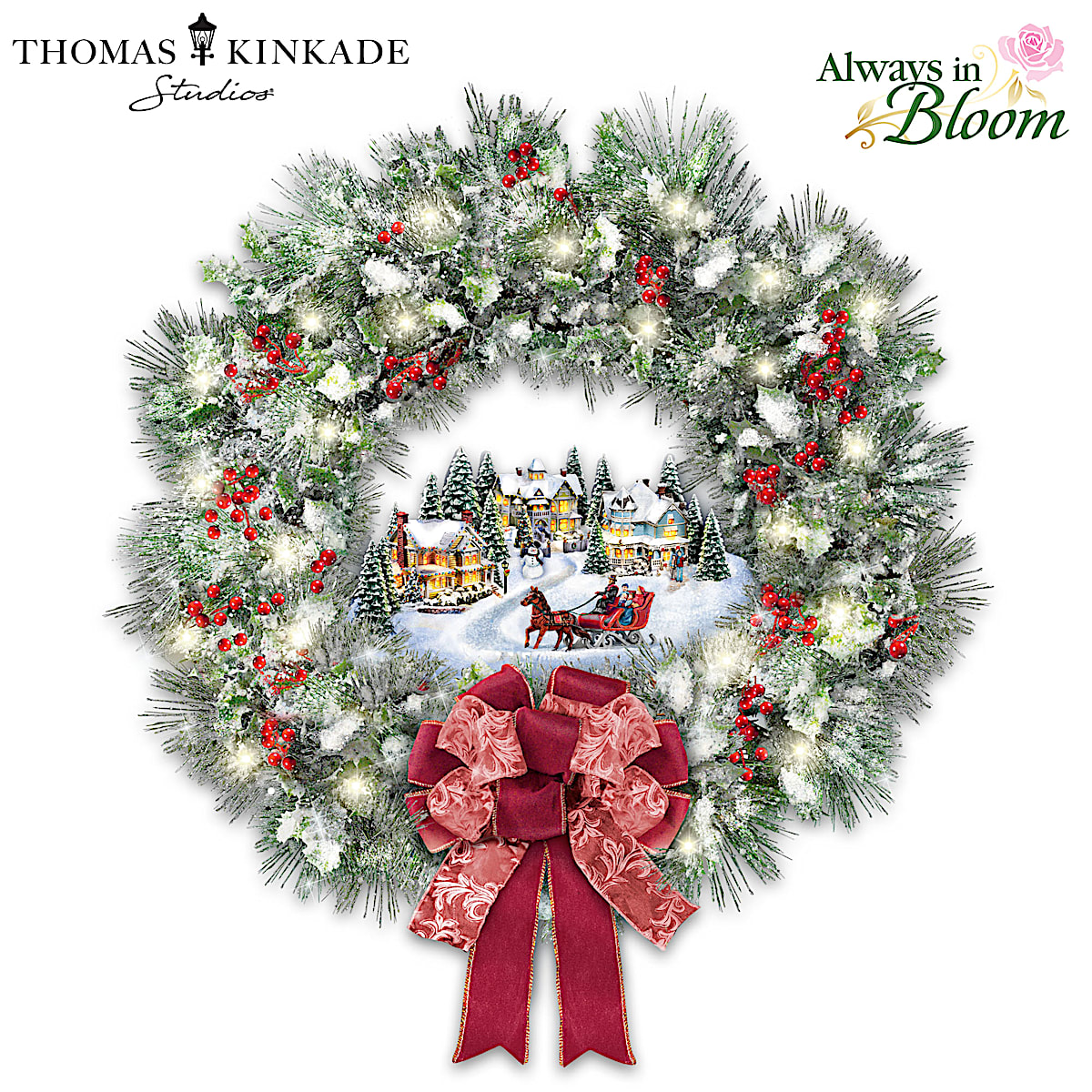 ヒューマンメイド　HAPPY HOLIDAYS WREATH SMALL Thomas Kinkade A Holiday Homecoming Lighted Musical Christmas Wreath