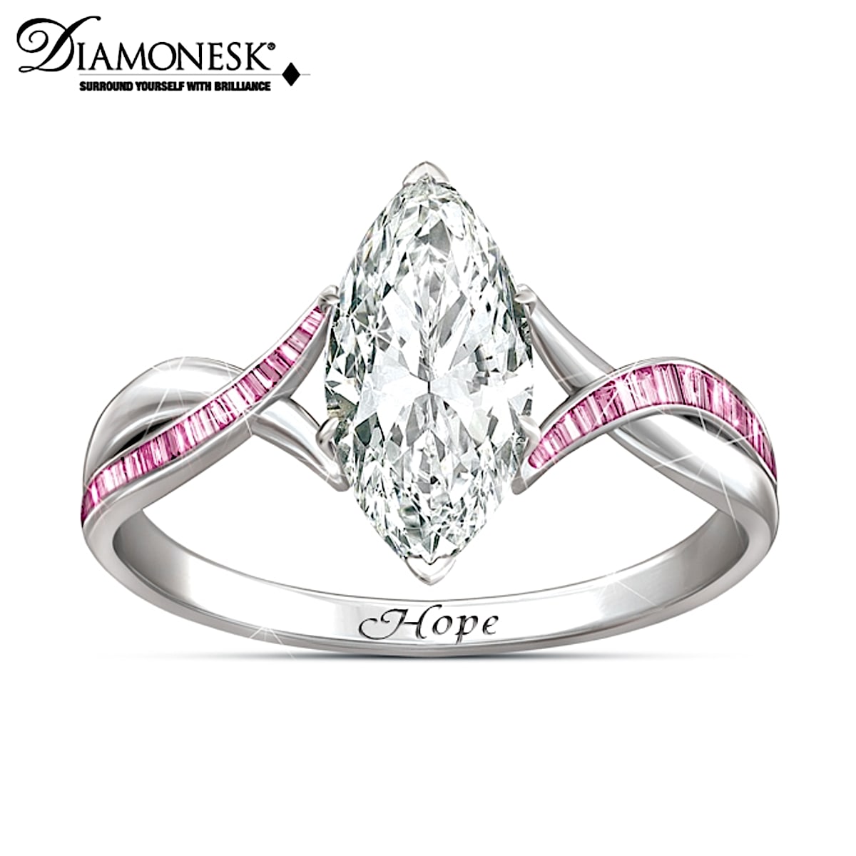 Shimmering Hope Breast Cancer Support Engraved Diamonesk Ring