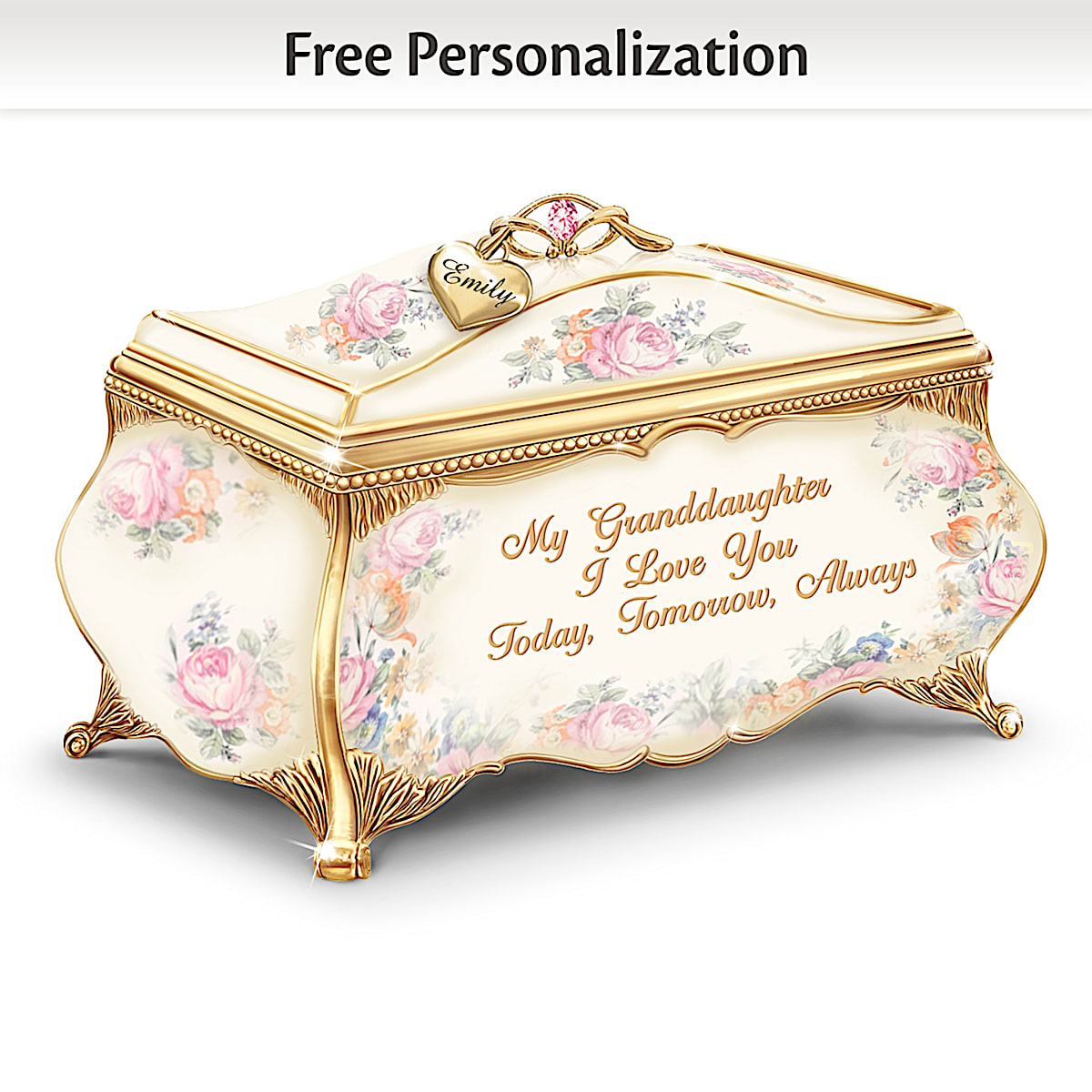 Granddaughter Porcelain Music Box With Name-Engraved Charm