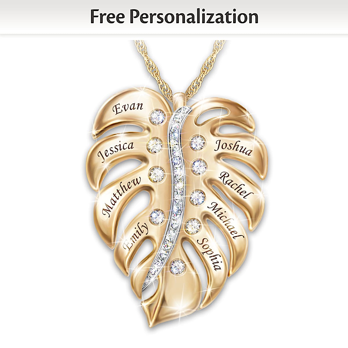 Personalized 18K Gold Plated Pendant Featuring A Monstera Leaf Design Adorned With 9 Diamonds And Engraved With Up To 8 Names