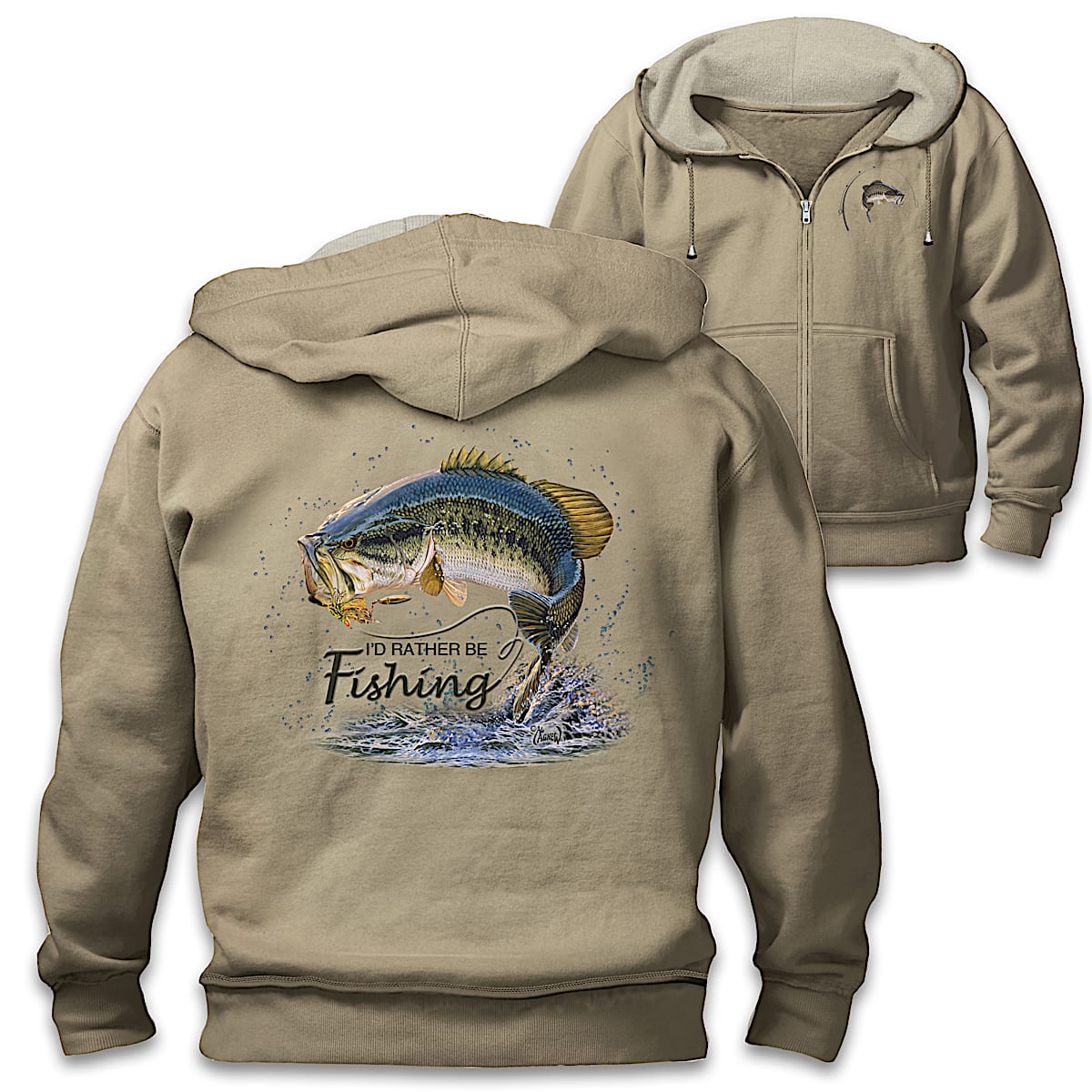 Fish On! Mens Full-Zip Hoodie Featuring Fishing Art By Artist Al Agnew With  An Avid Anglers Favourite Sentiment Id Rather Be Fishing On The Back