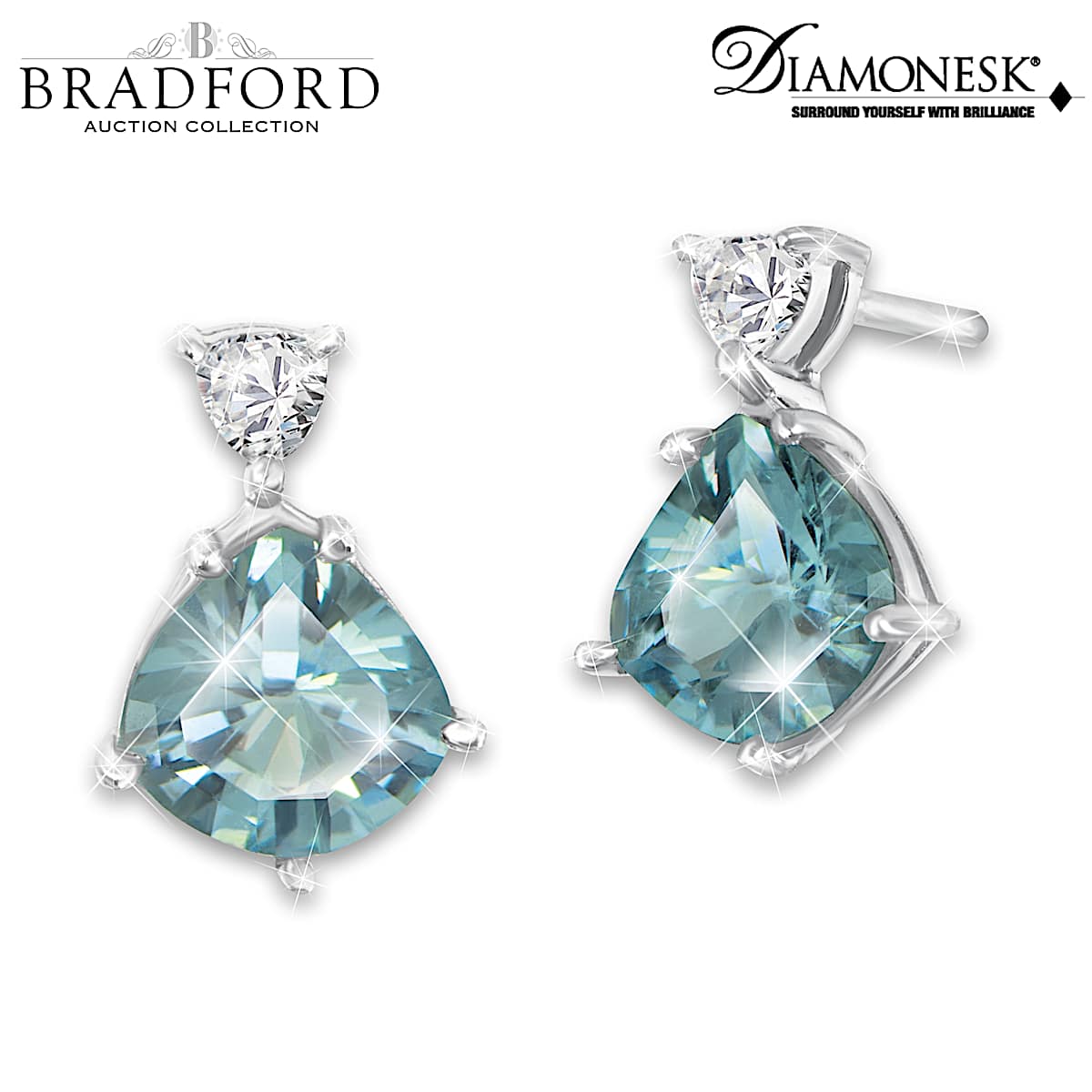Triangular Blue Diamonds Sterling Silver Earrings Adorned With Triangular Fancy-Cut Simulated ...