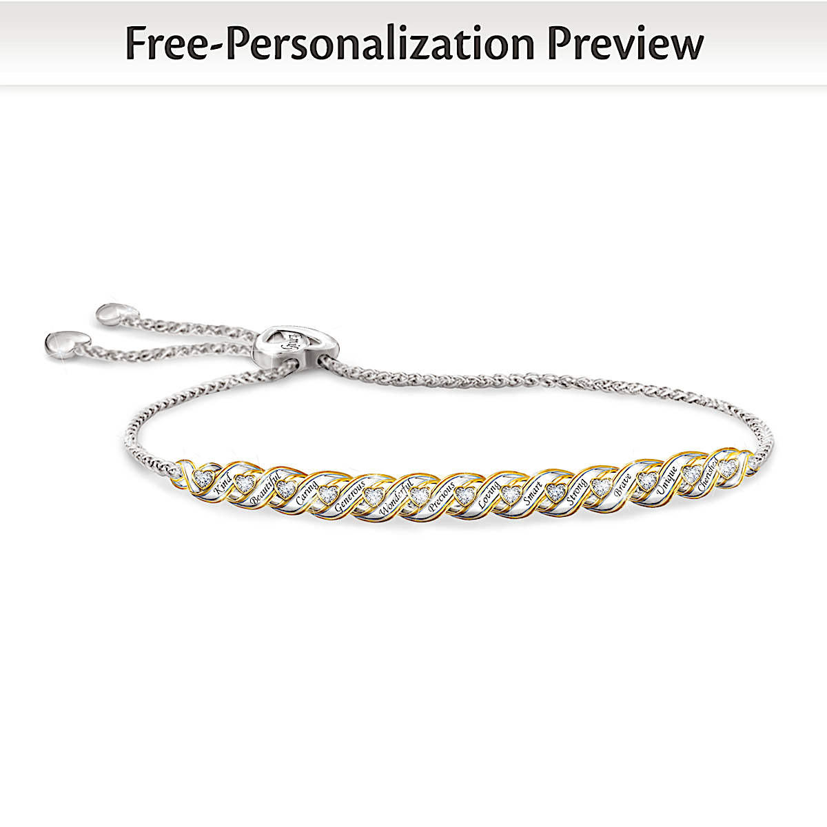 For All That You Are Sterling Silver Plated Personalized Daughter Bolo Bracelet With 18K Gold Plated Accents Adorned With Heart Shaped Diamonds