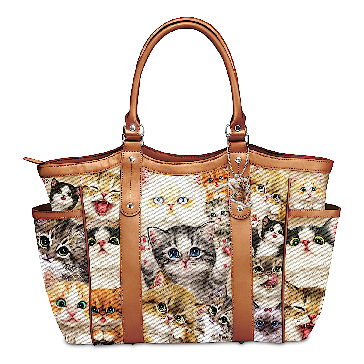 Cats With Purr sonality Womens Poly Twill Cat Themed Shoulder Tote Bag Featuring Cat Art By Artist Kayomi Harai With Tan Faux Leather Trim