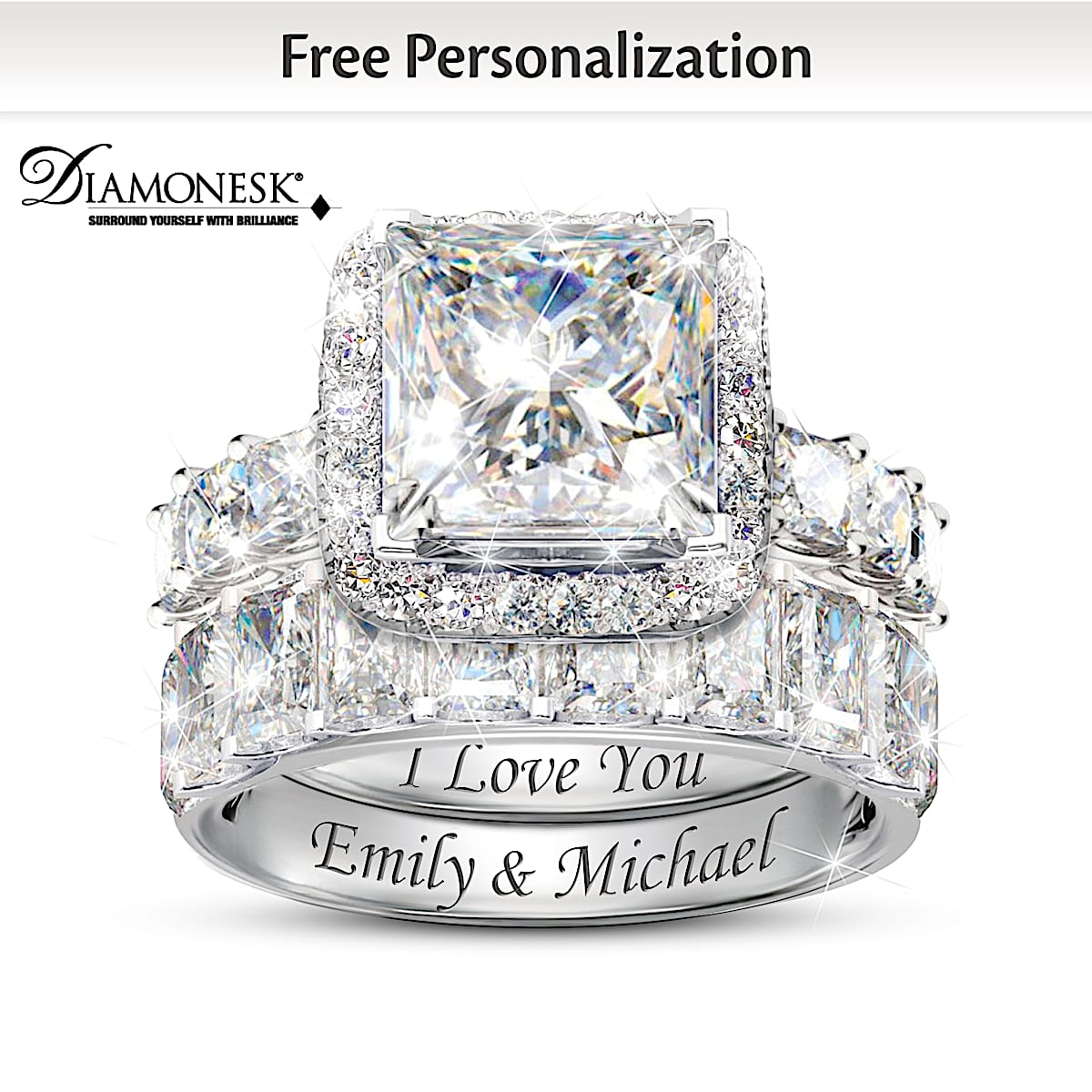 Personalized Simulated Diamond Bridal Ring Set With Engagement Ring And Engraved Wedding Band