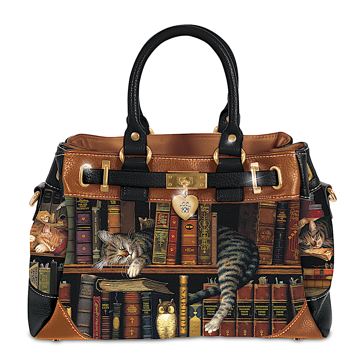Purr fect Tales Handbag With Adjustable Shoulder Strap Featuring Pebbled Faux Leather And A Heart Shaped Gold Tone Charm