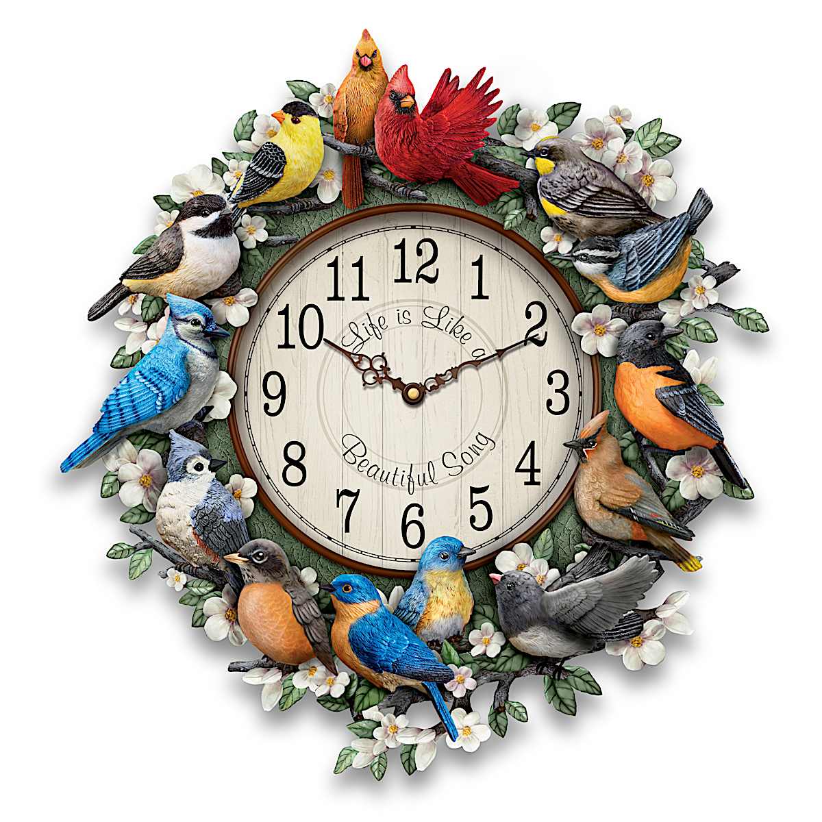 Songbird Melodies Sculptural Wall Clock Featuring 12 Hand-Painted