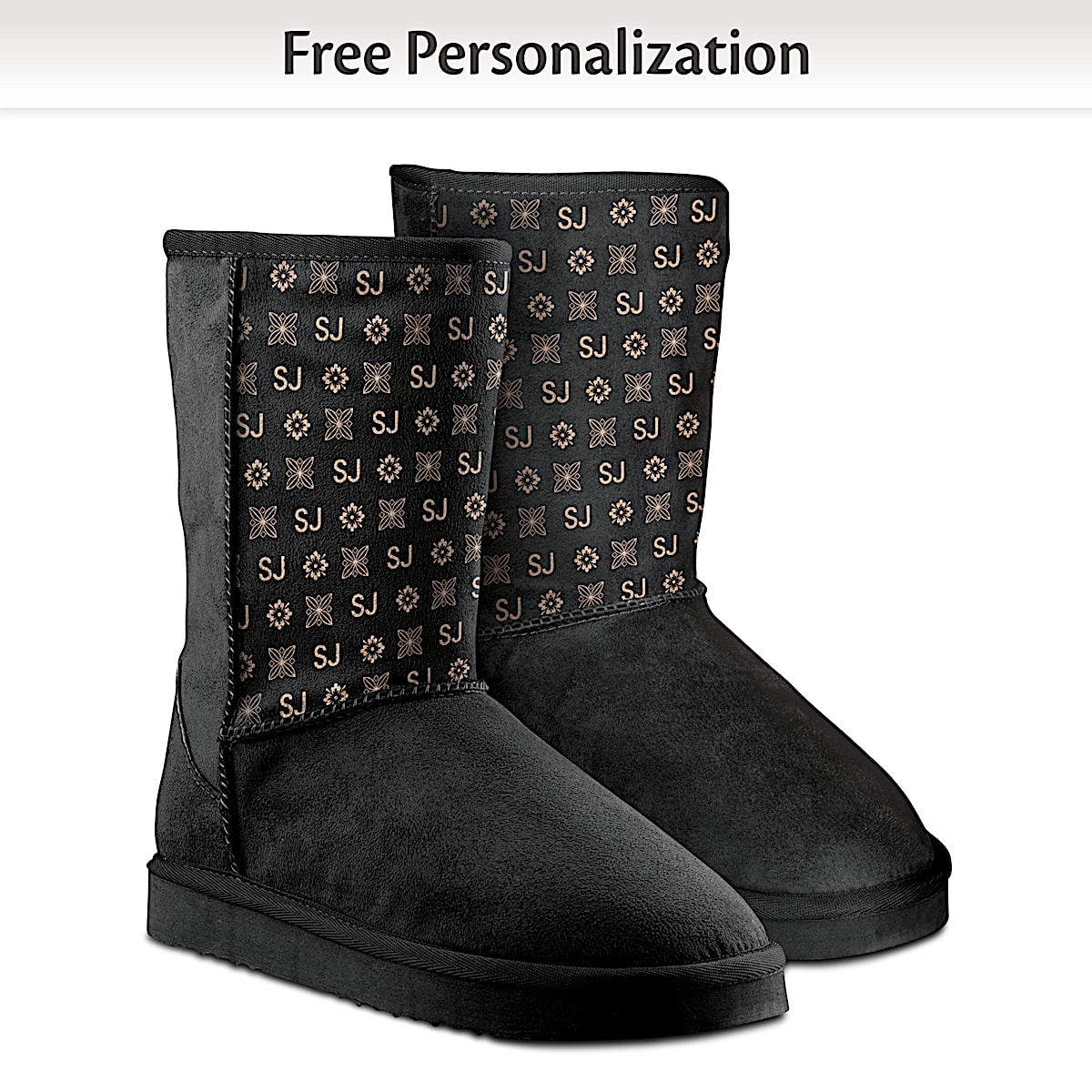Slip-On Black Faux Suede Boots With Initials Of Your Choice
