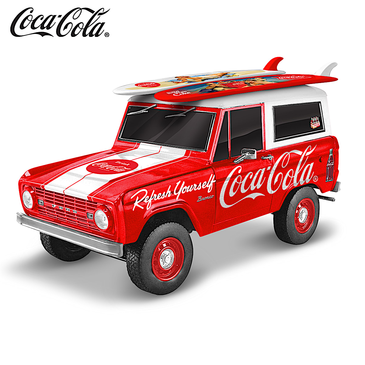 COCA COLA Rugged Refreshment Hand Painted 1 18 Scale 67 Ford Bronco Sculpture Adorned With Vintage COKE Graphics And Logos 2 Surf Boards