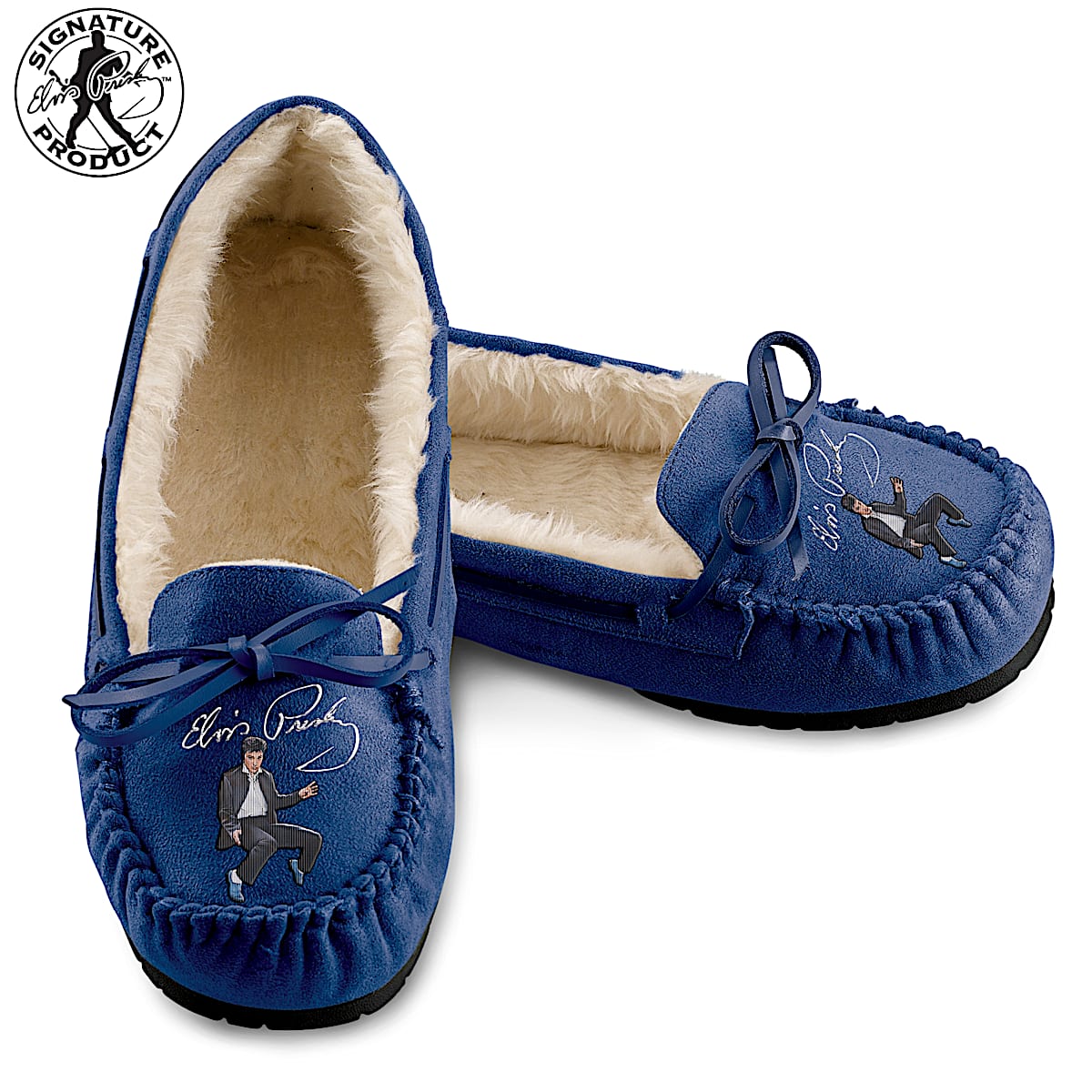 Blue Suede Moccasin Style Slippers With Faux Fur Lining Elvis Art And His Facsimile Signature