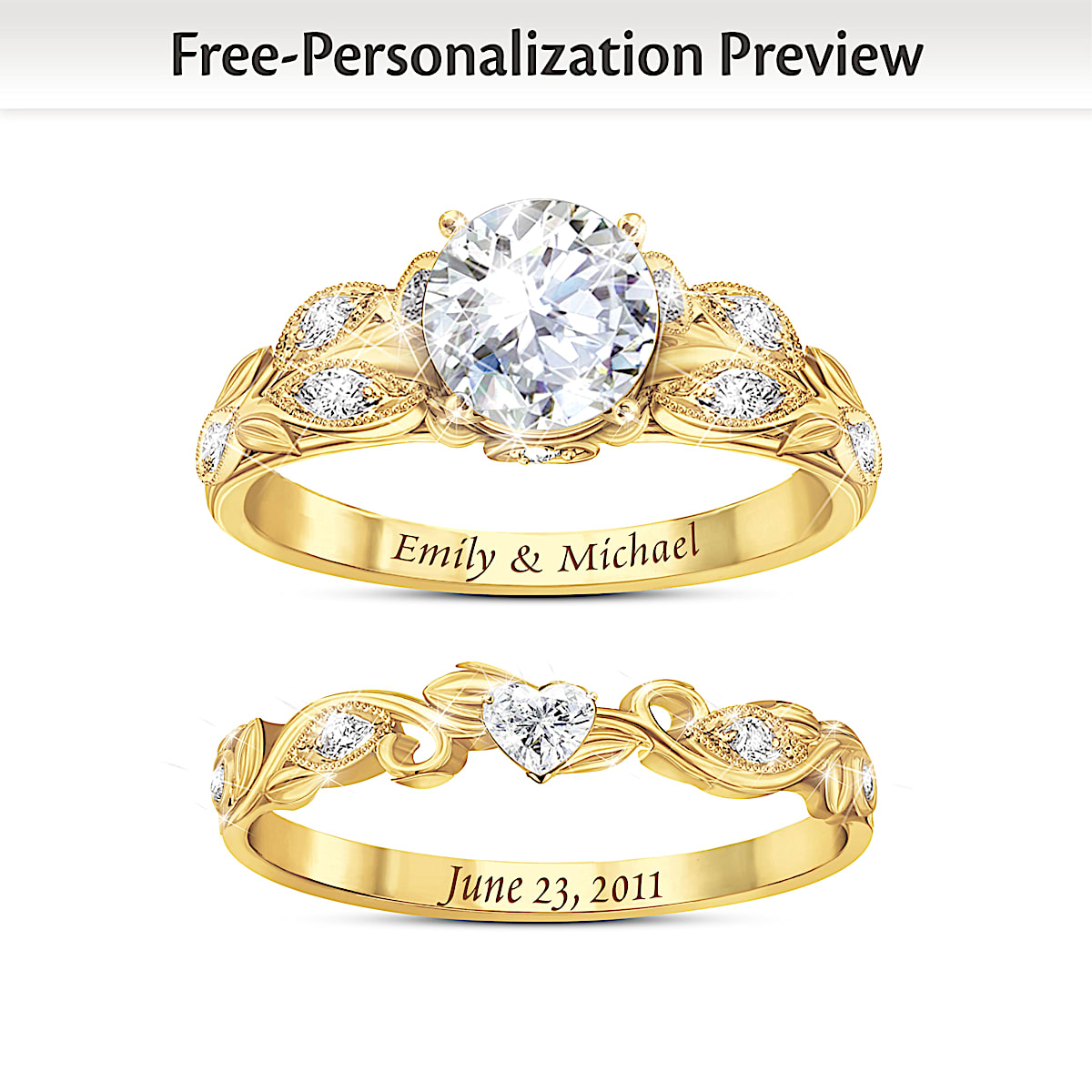 Womens Personalized 18K Gold-Plated Floral Wedding Ring Set Adorned ...